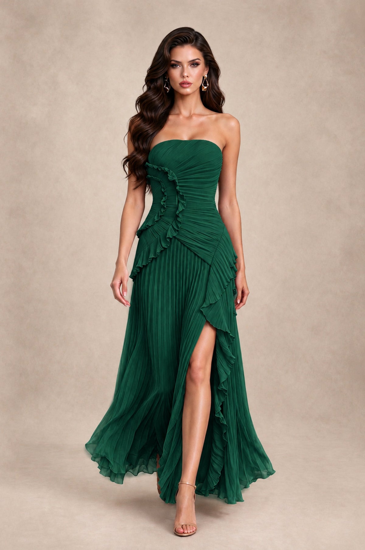BOLODOO Emerald Green Strapless Ruffle Pleated Slit Evening Gown - Emerald Green - Emerald Green_3