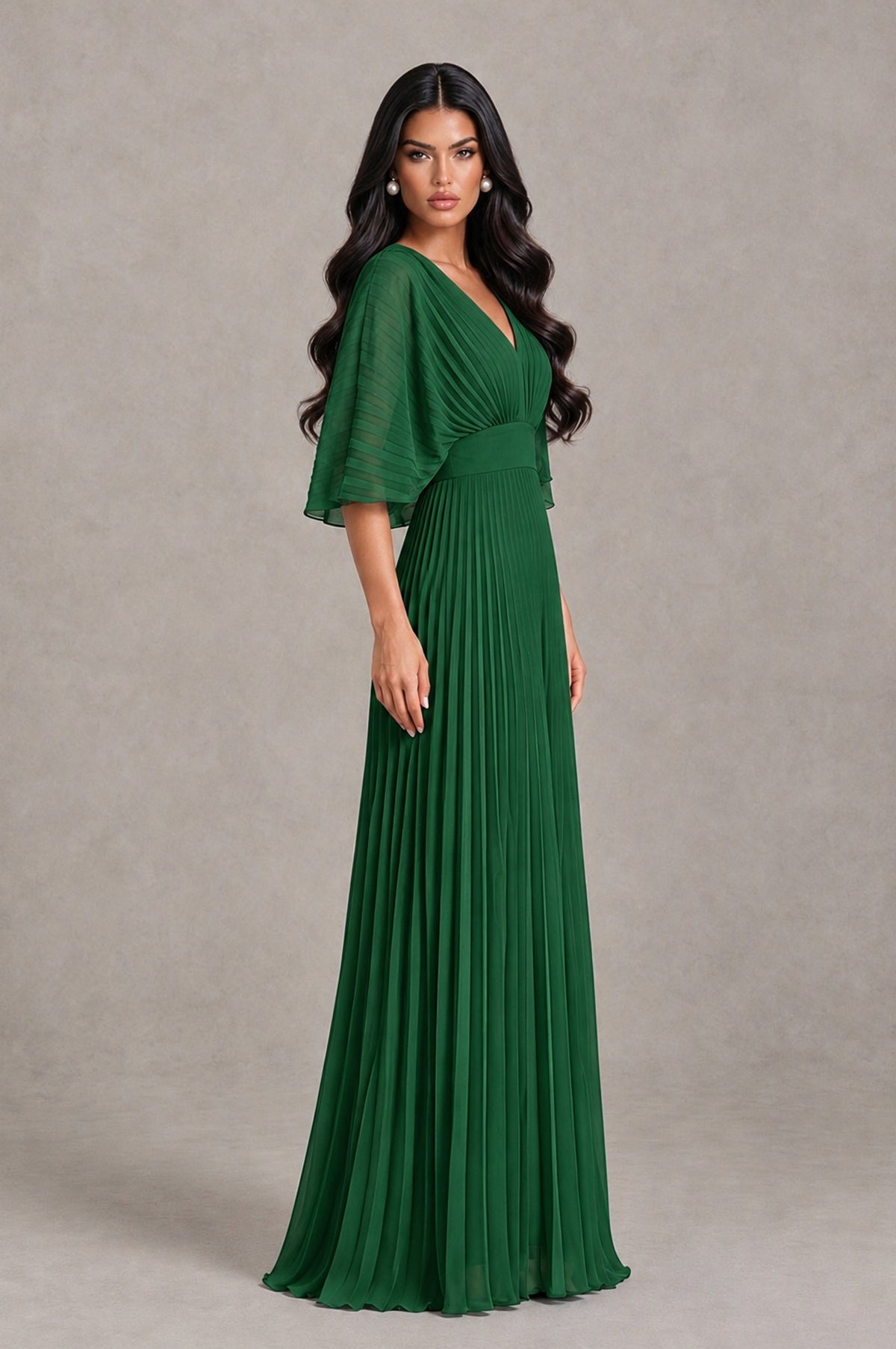 BOLODOO Emerald Green V-Neck Pleated Flutter Sleeve Formal Dress - Emerald Green - Emerald Green_3