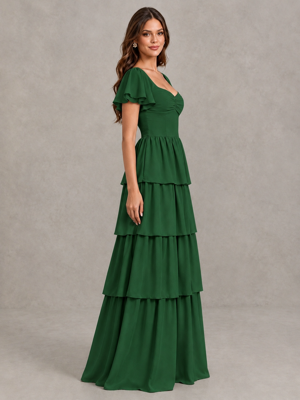 BOLODOO Emerald Green Flutter Sleeve Tiered Maxi Bridesmaid Dress - Emerald Green - Emerald Green_3