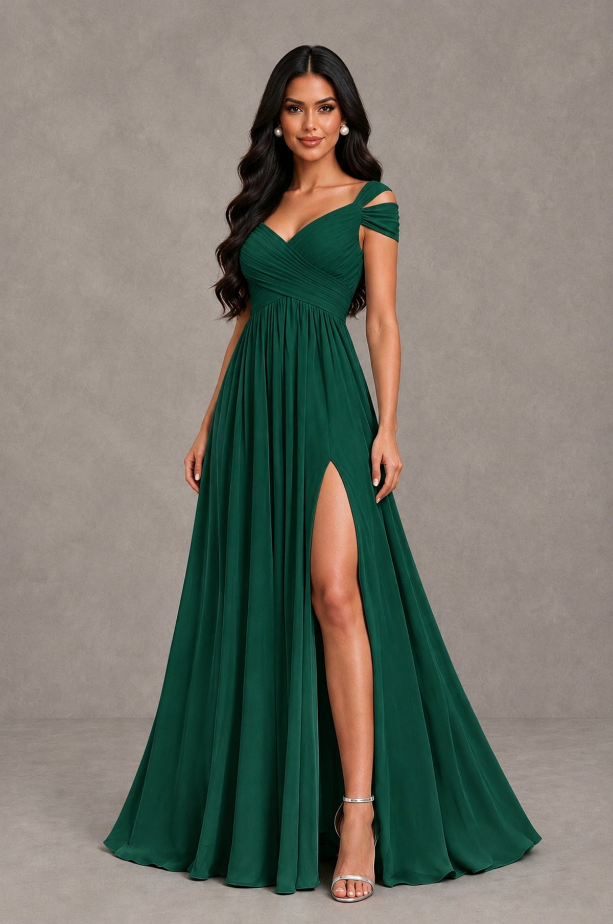 BOLODOO Emerald Green Cold Shoulder Chiffon Evening Dress with V Neck and High Slit - Emerald Green - Emerald Green_3