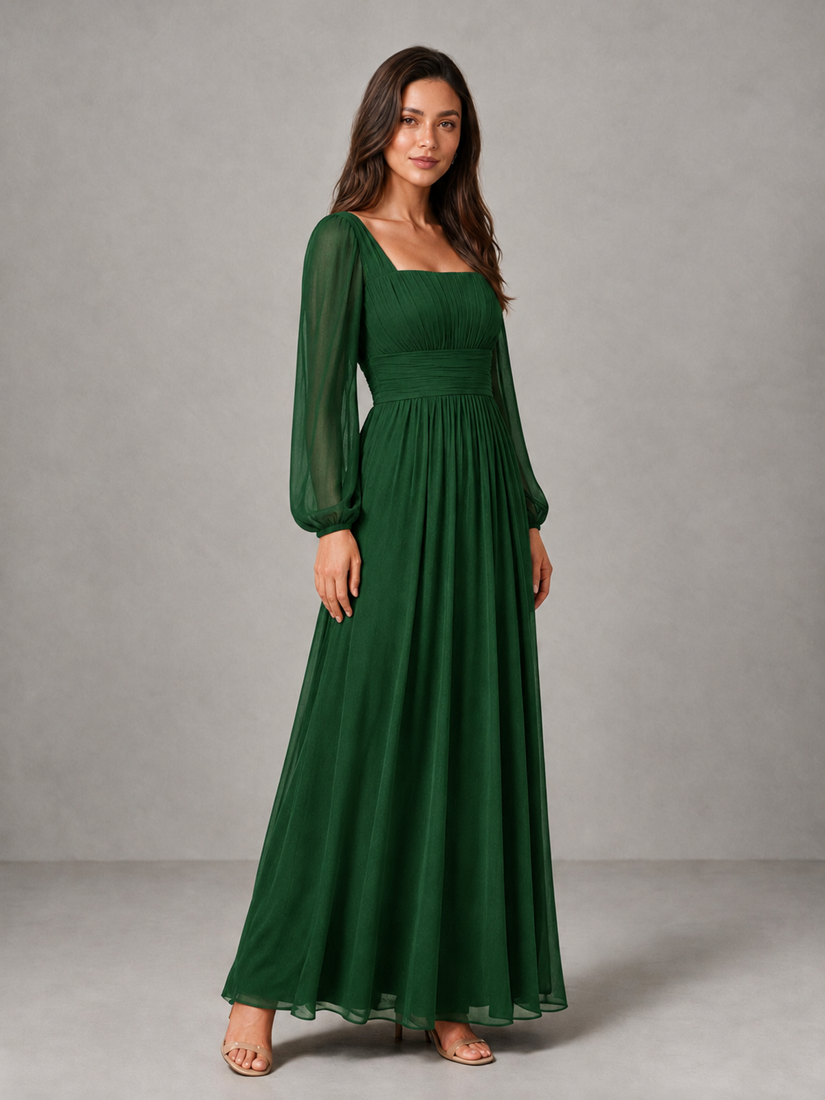 BOLODOO Emerald Green Square Neck Long Sleeve Chiffon Bridesmaid Dress - Emerald Green - Emerald Green_3
