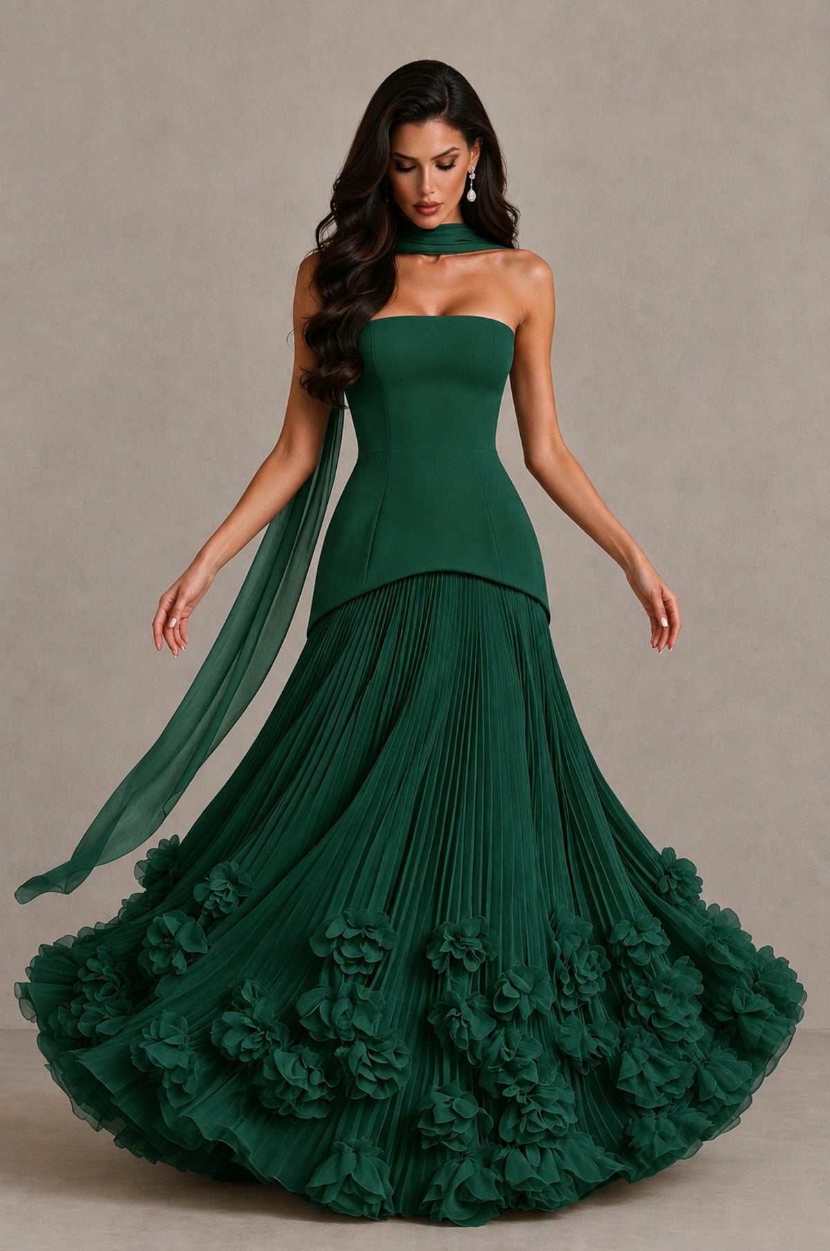 BOLODOO Emerald Green Strapless Pleated Floral Hem Evening Gown - Emerald Green - Emerald Green_3