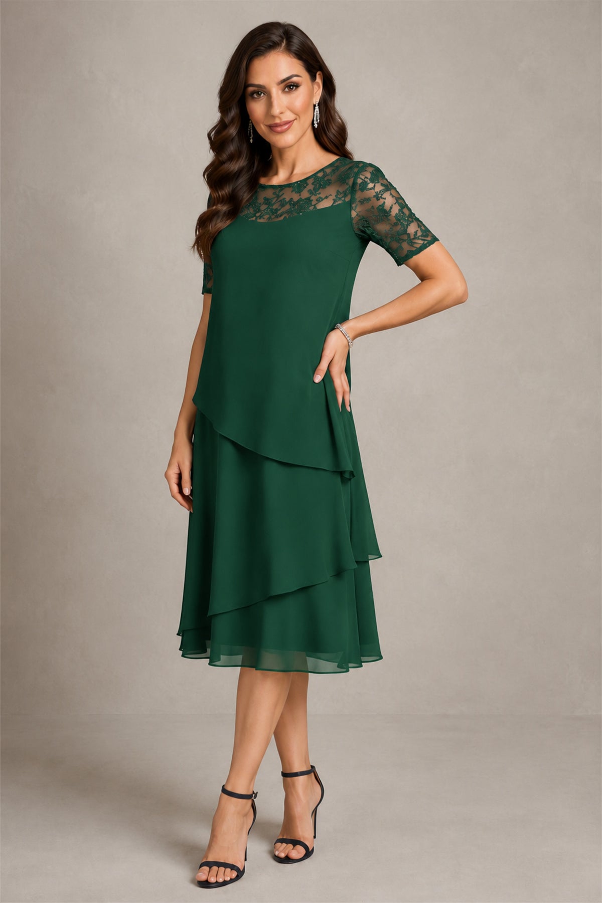 BOLODOO Emerald Green Illusion Lace Short Sleeve Tiered Chiffon Tea Length Dress | Mother of the Bride Midi Dress - Emerald Green