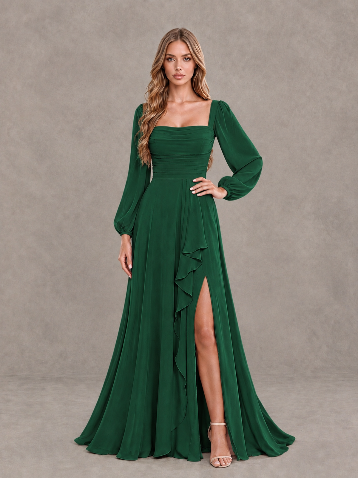 BOLODOO Emerald Green Square Neck Long Sleeve Bridesmaid Dress with Ruffle Slit - Emerald Green - Emerald Green_3