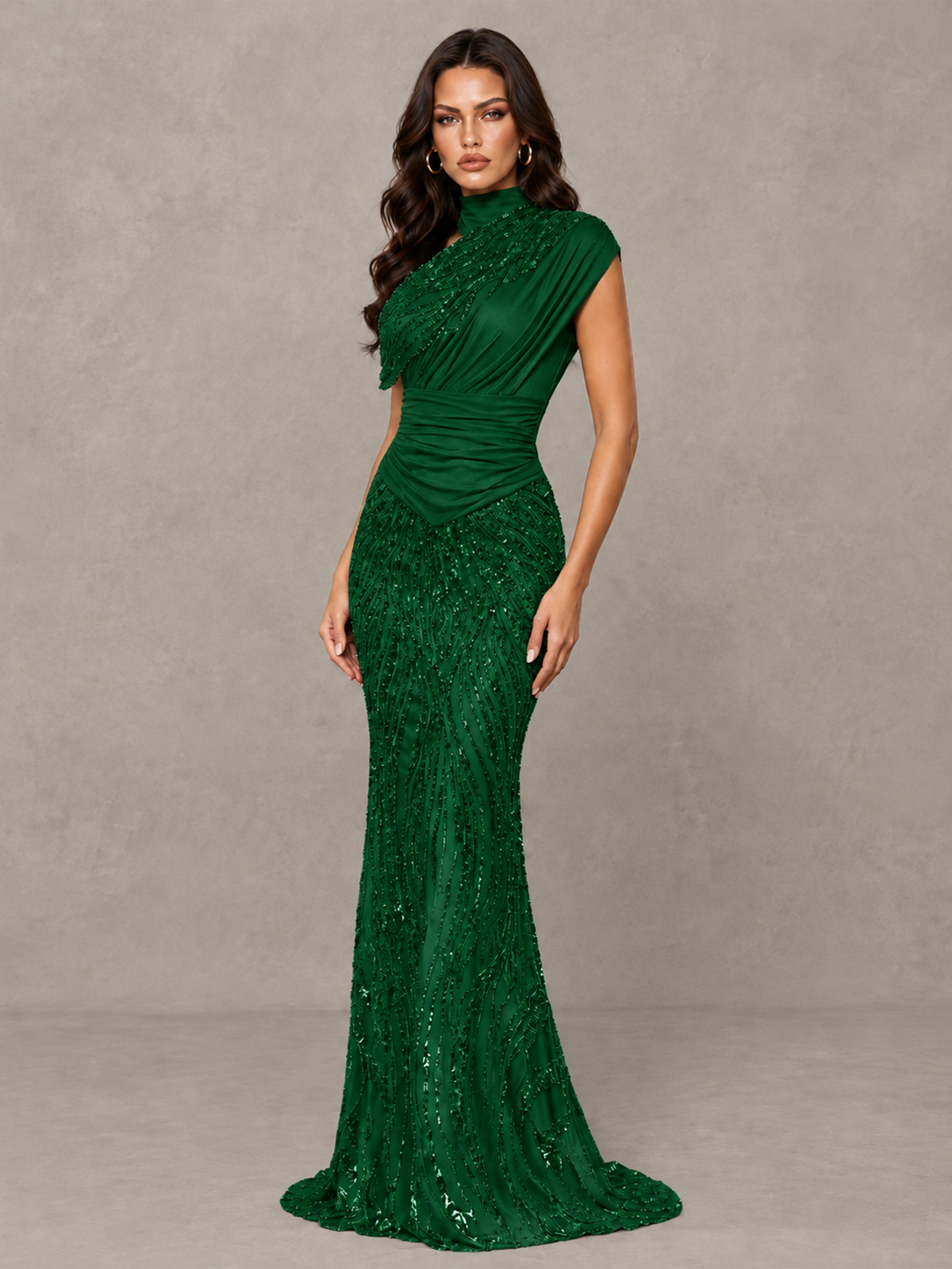 BOLODOO Emerald Green High Neck Draped Sequin Mermaid Evening Gown - Emerald Green - Emerald Green_3