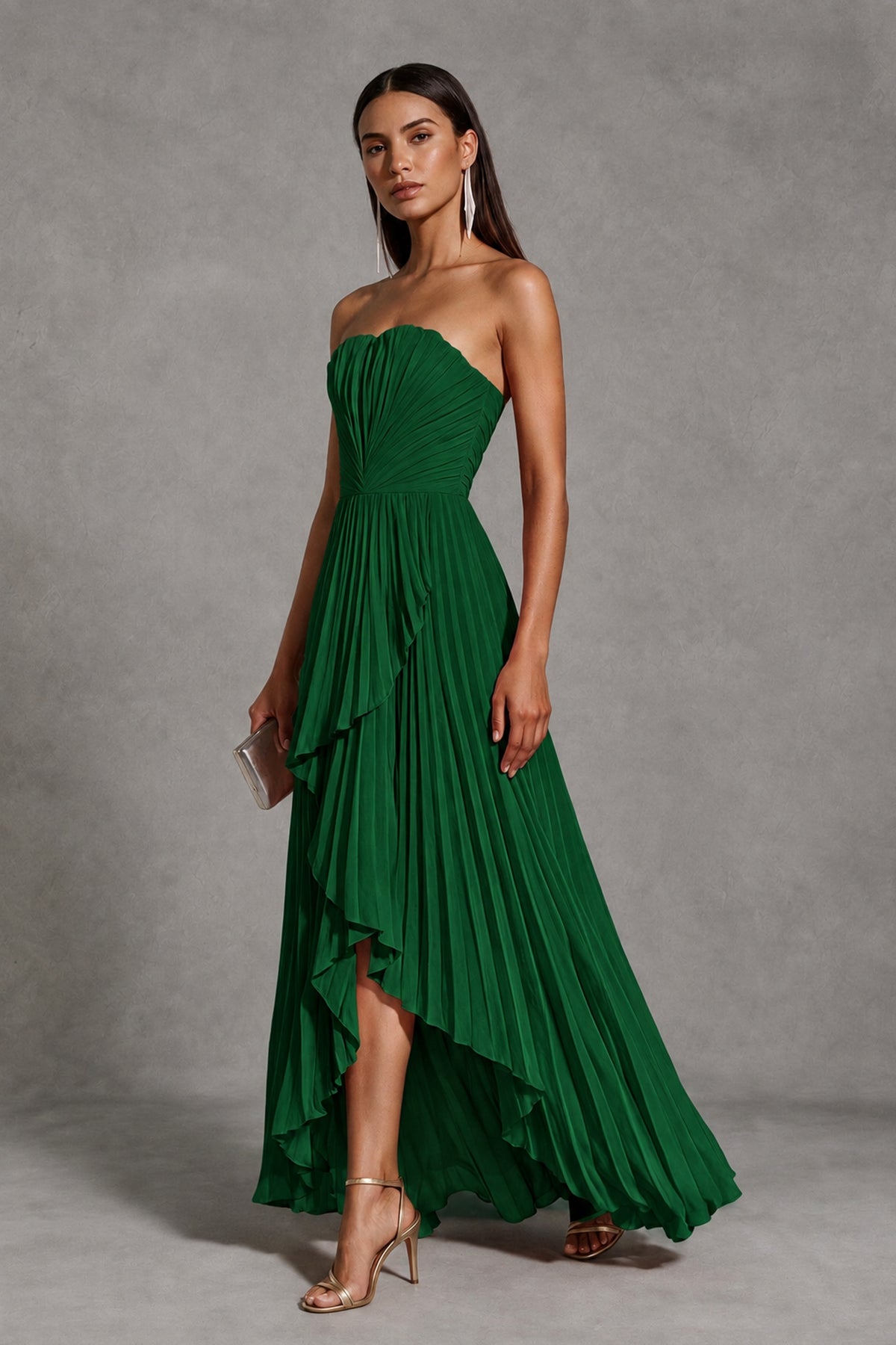 Emerald Green Strapless Pleated High-Low Evening Gown with Ruffle Hem - Emerald Green