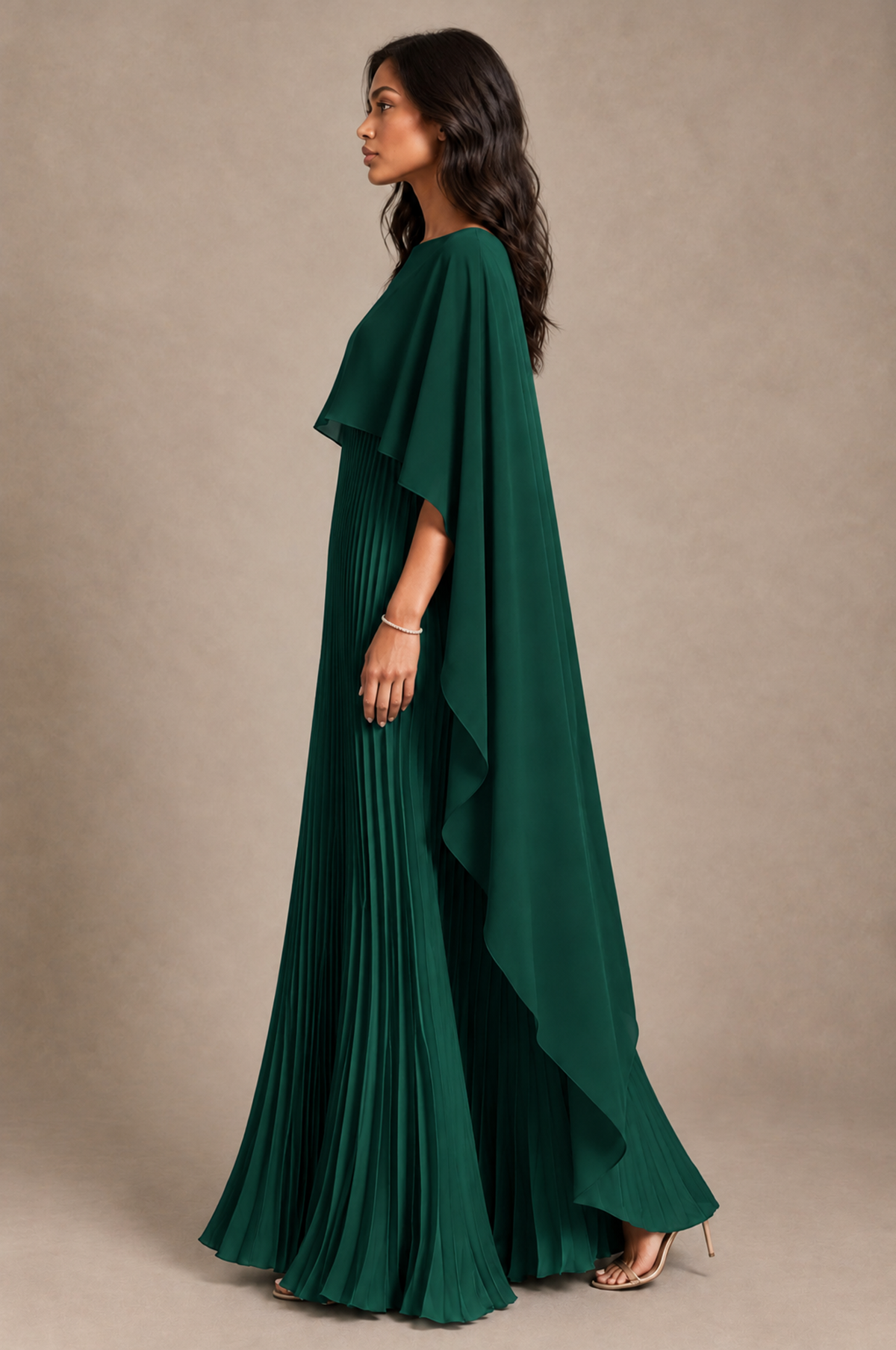 BOLODOO Emerald Green Pleated Cape A-Line Evening Dress - Emerald Green - Emerald_Green_3
