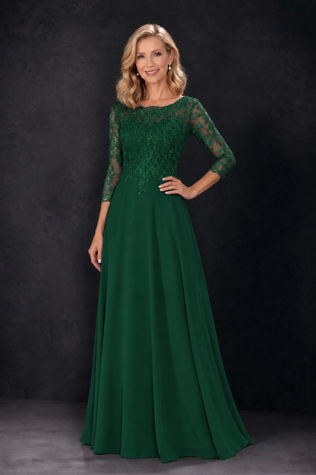 BOLODOO Emerald Green Lace Embroidered Mother of the Bride Dress with 3/4 Sleeves - Emerald Green