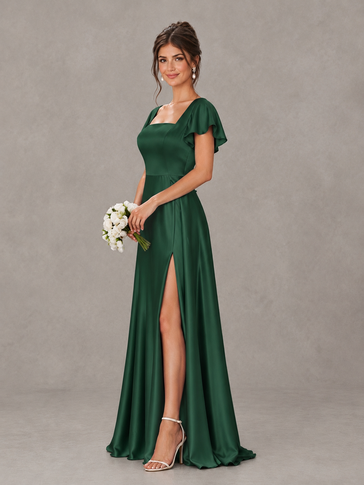 BOLODOO Emerald Green Satin Square Neck Flutter Sleeve A-Line Bridesmaid Dress with Slit - Emerald Green - Emerald Green_3