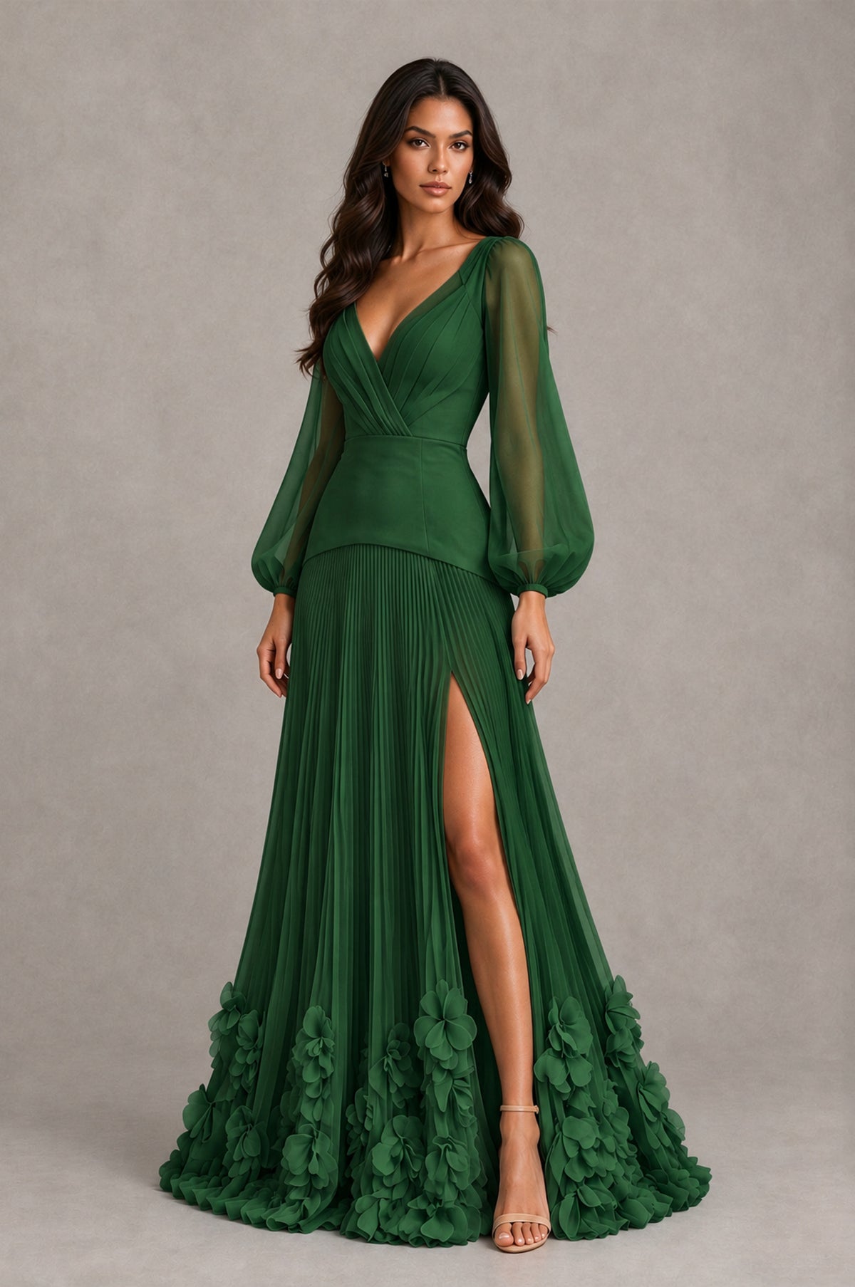 BOLODOO Emerald Green V-Neck Long Sleeve Pleated Floral Hem Evening Dress - Emerald Green - Emerald Green_3