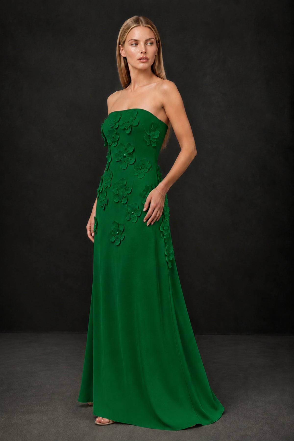 BOLODOO Emerald Green Strapless 3D Floral Appliqué Crepe Maxi Gown - Emerald Green