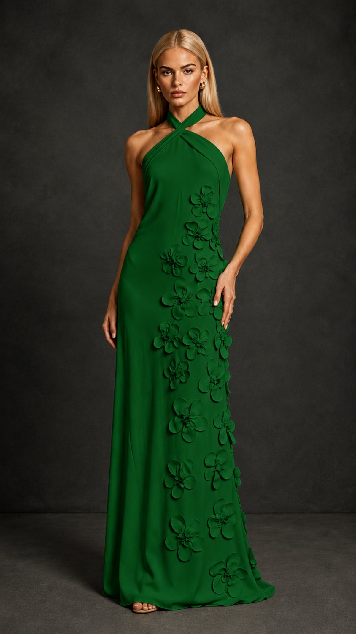 BOLODOO Emerald Green Cross Halter Neck 3D Floral Appliqué Backless Mermaid Maxi Gown - Emerald Green