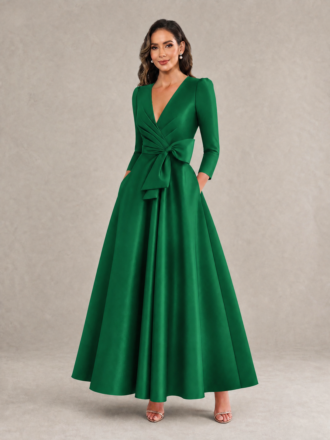 BOLODOO Emerald Green Satin Deep V-Neck Wrap 3/4 Puff Sleeve A-Line Ball Gown Maxi Dress with Oversized Bow Belt - Emerald Green