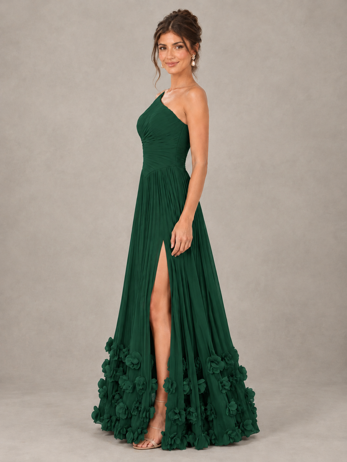 BOLODOO Emerald Green One-Shoulder Pleated Bridesmaid Dress with 3D Floral Hem - Emerald Green - Emerald Green_3