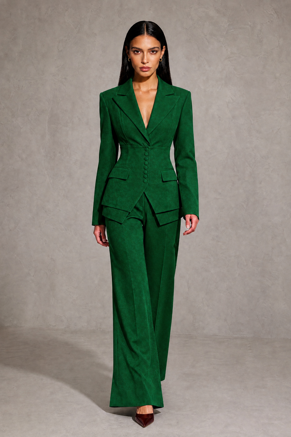 BOLODOO Emerald Green Cinched Waist Blazer and Wide Leg Pants Two Piece Suit Set - Emerald Green