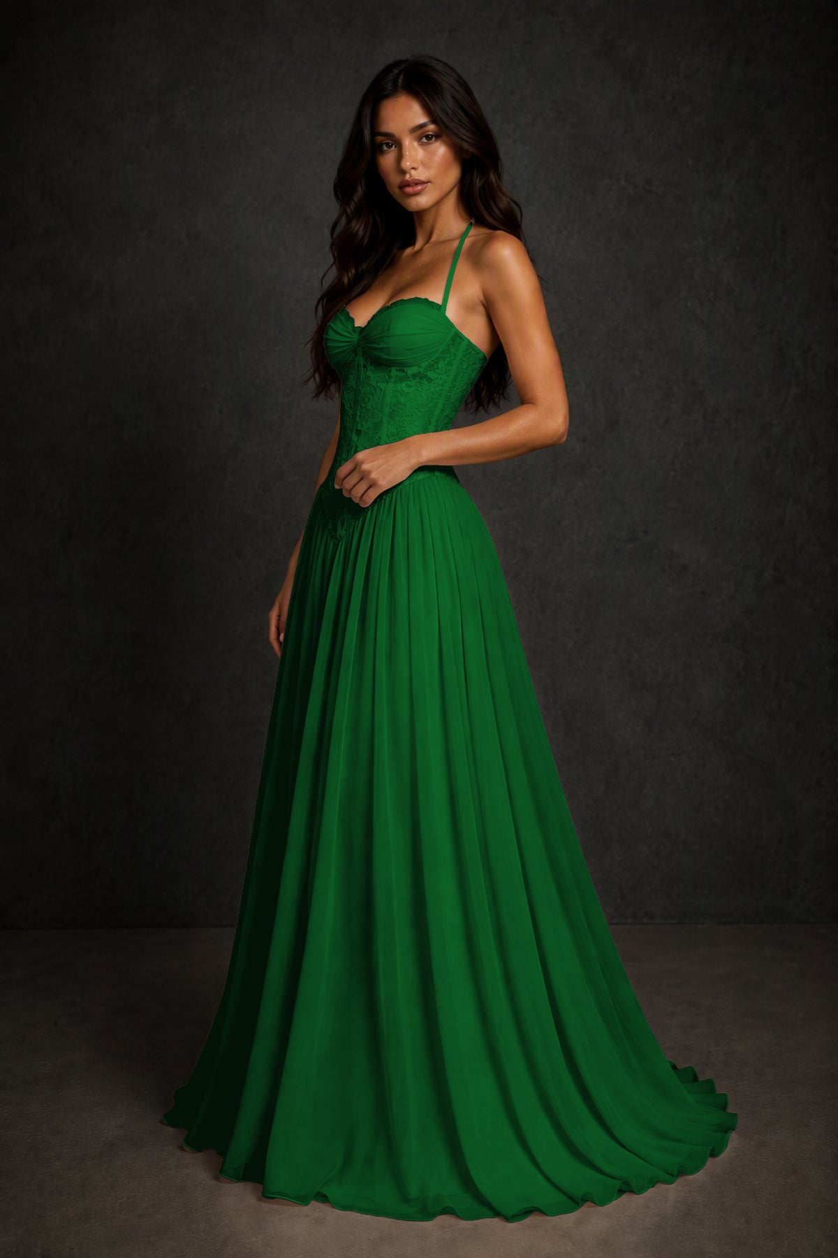 BOLODOO Emerald Green Lace Corset Halter Maxi Gown – Backless A-Line Formal Dress - Emerald Green