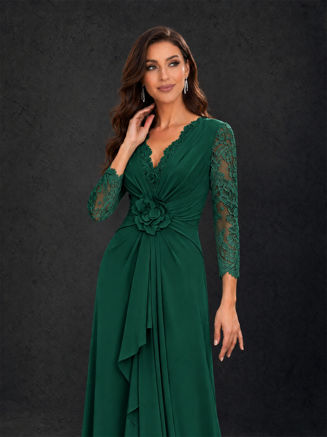 BOLODOO Emerald Green Lace Sleeve V-Neck Floral Waist Chiffon A-Line Maxi Dress - Emerald Green