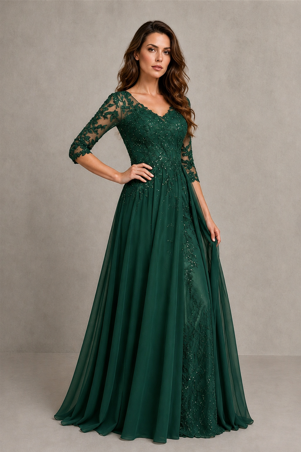 BOLODOO Midnight Emerald Green Beaded Lace Appliqué Chiffon A-Line Gown | Mother of the Bride & Formal Evening Dress - Emerald Green - Emerald Green_3