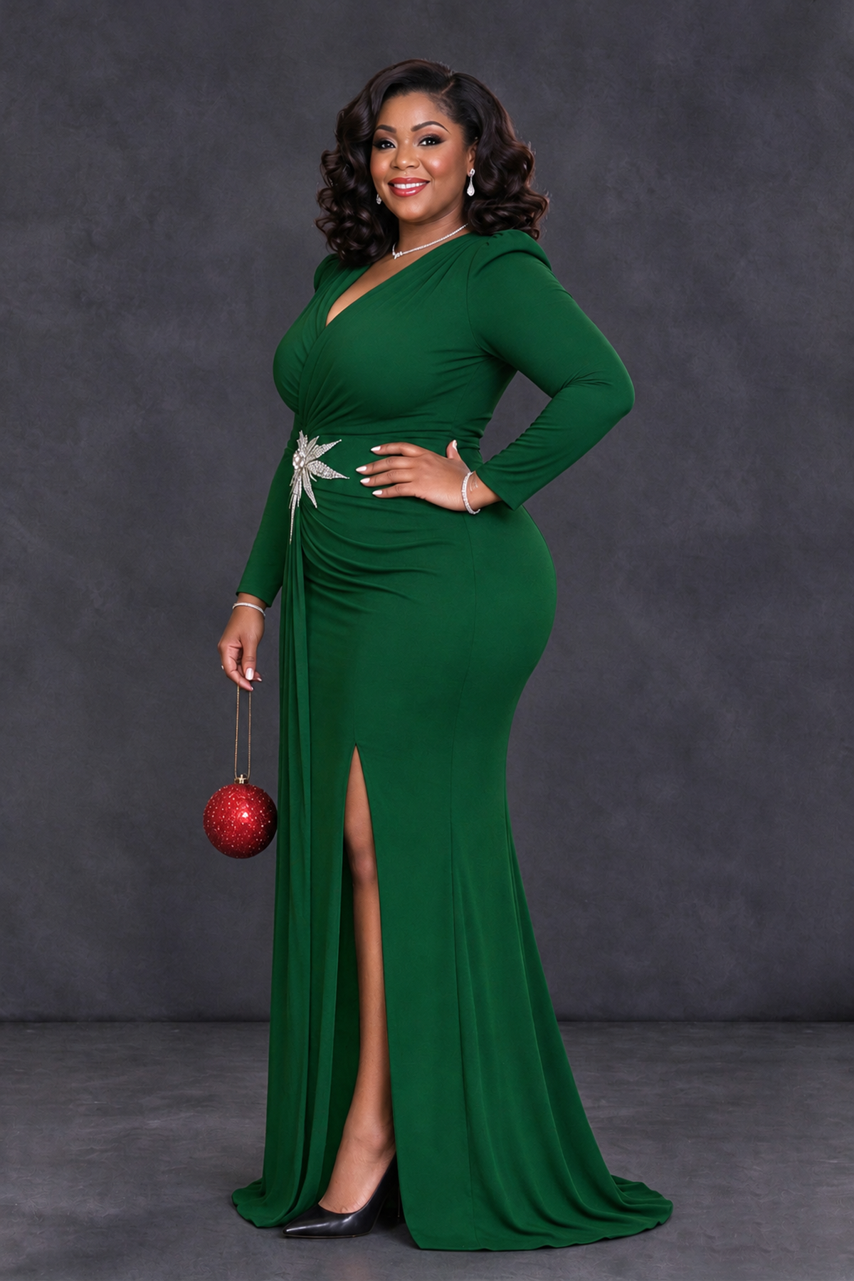 BOLODOO Emerald Green Plus Size Long Sleeve V-Neck Mother of the Bride Dress with Slit - Emerald Green - Emerald Green_3