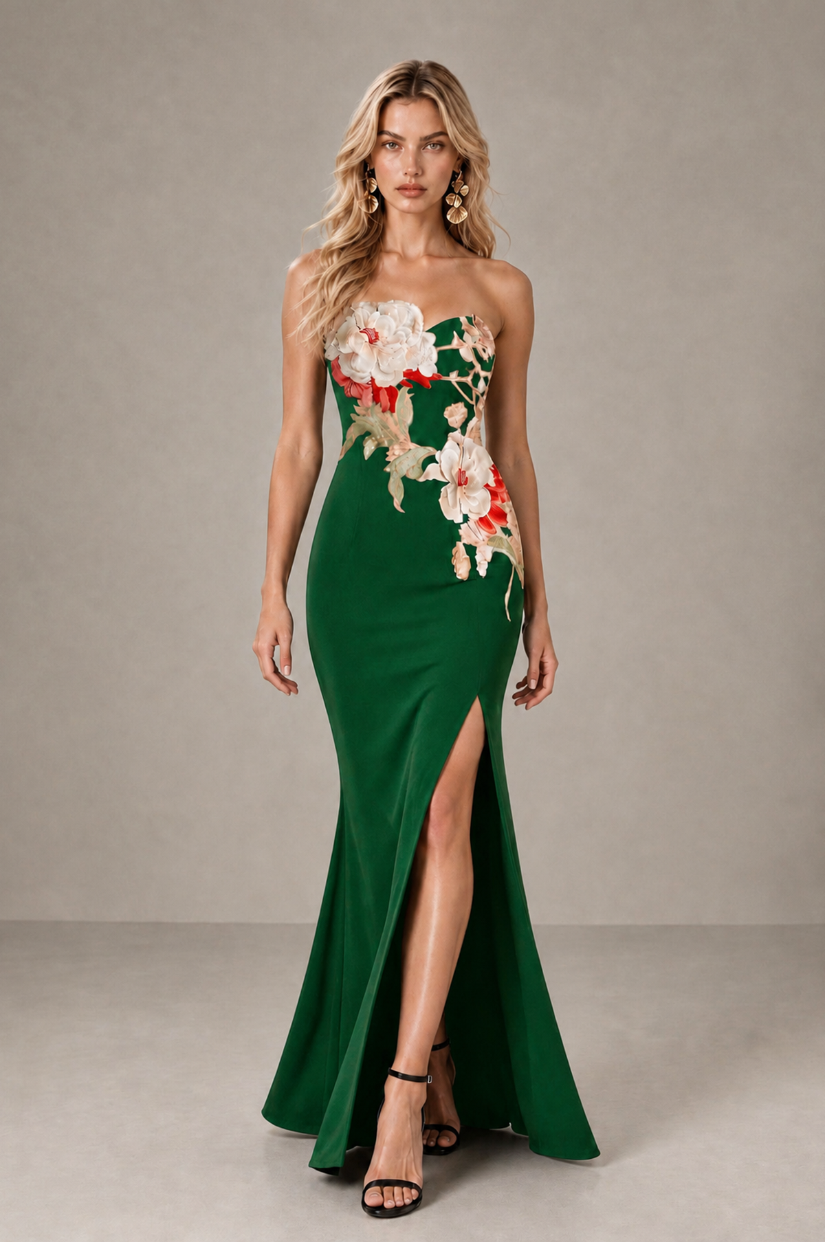 BOLODOO Emerald Green Strapless Floral Mermaid Evening Dress with Slit - Emerald Green - Emerald_Green_3