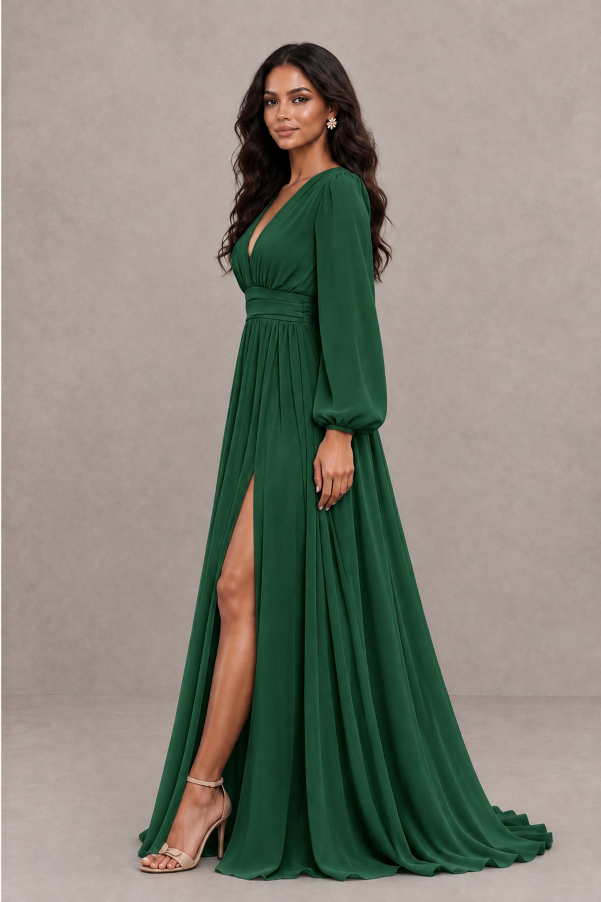 BOLODOO Emerald Green Long Sleeve V-Neck A-Line Gown with Open Back & Slit - Emerald Green - Emerald Green_3