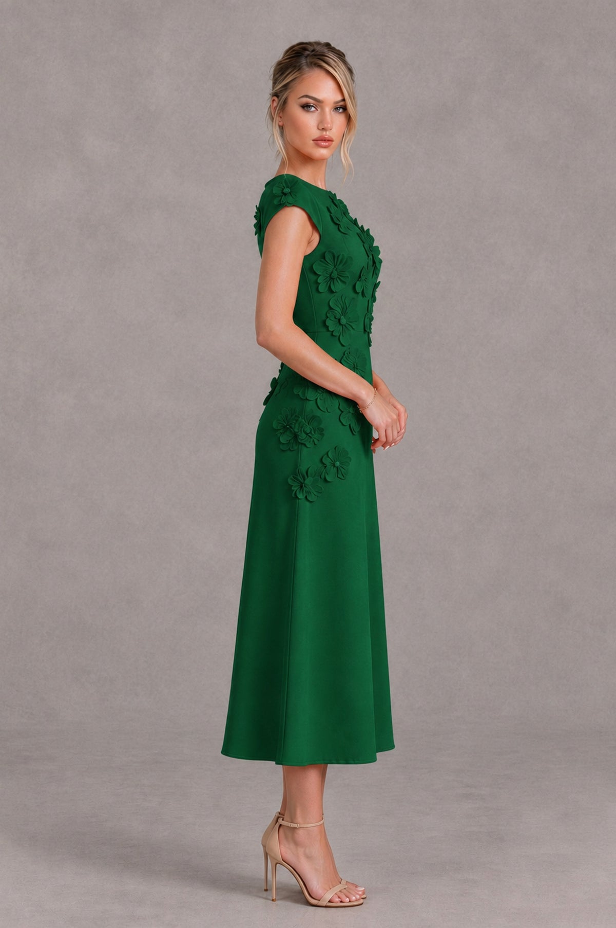 BOLODOO Emerald Green 3D Floral Cap Sleeve Midi Cocktail Dress - Emerald Green - Emerald Green_3