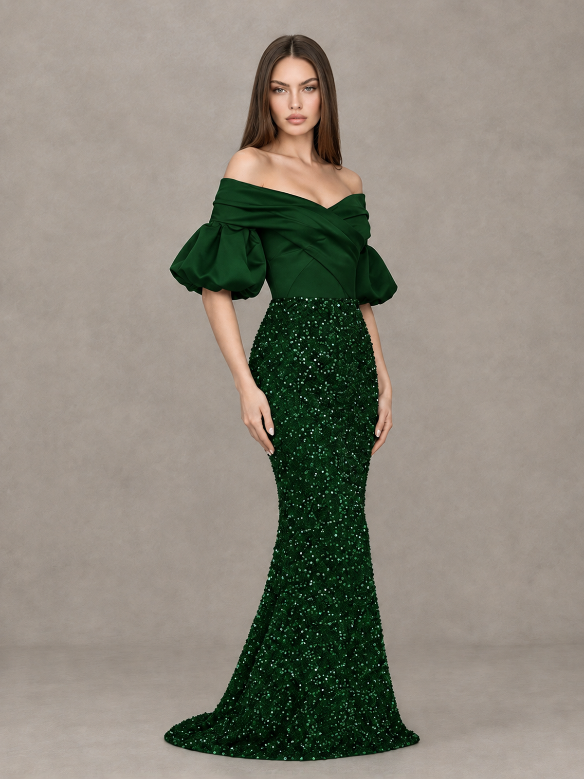 BOLODOO Emerald Green Off-Shoulder Puff Sleeve Sequin Mermaid Evening Dress - Emerald Green - Emerald Green_3