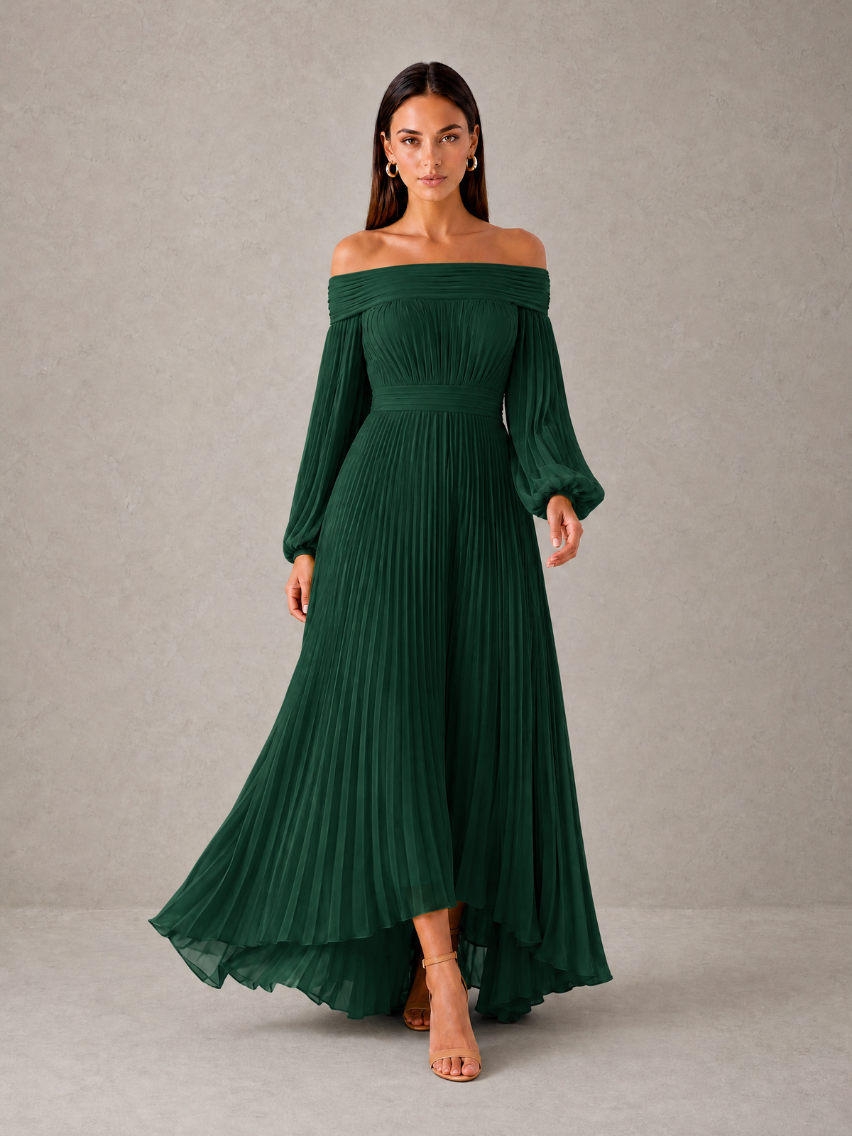 BOLODOO Emerald Green Off-Shoulder Long Sleeve Pleated High-Low Dress - Emerald Green - Emerald_Green_3