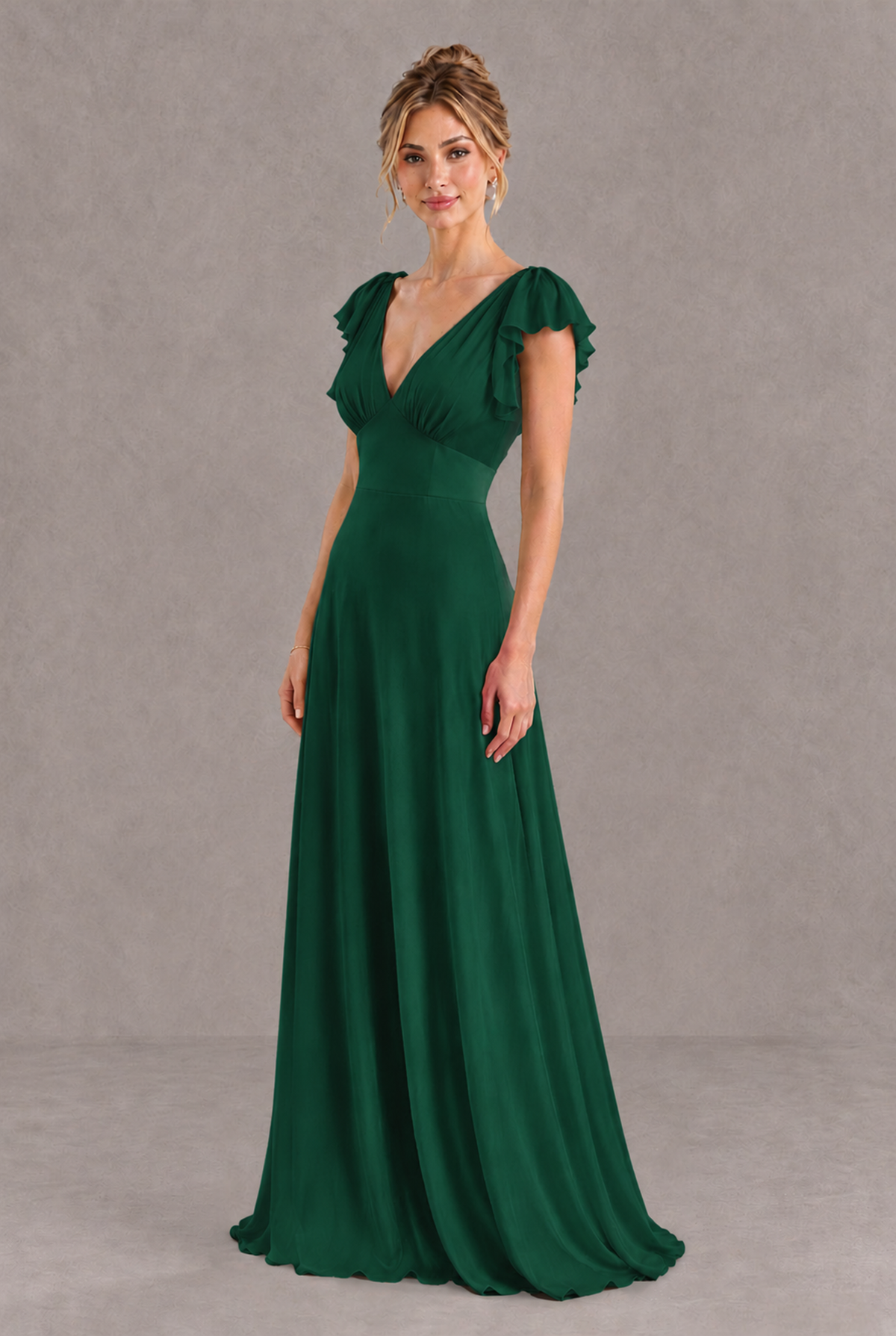 BOLODOO Emerald Green V-Neck Flutter Sleeve A-Line Bridesmaid Dress - Emerald Green - Emerald Green_3