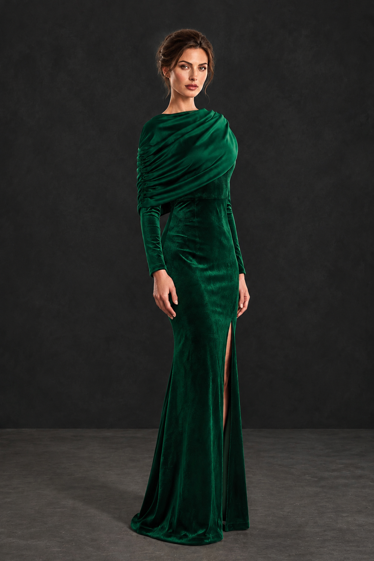 BOLODOO Emerald Green Velvet Long Sleeve Draped Mother of the Bride Dress - Emerald Green - Emerald_Green_3