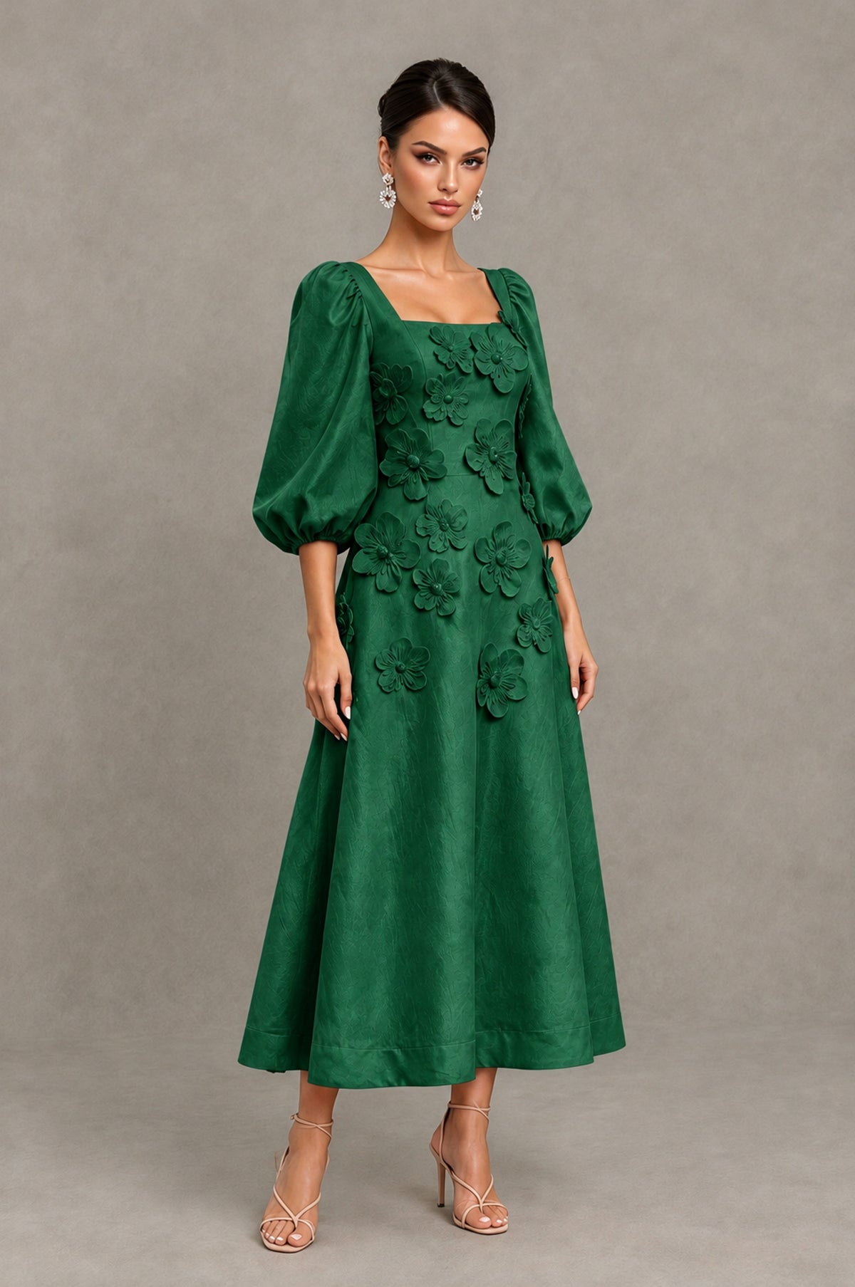 BOLODOO Emerald Green 3D Floral Puff Sleeve Midi Cocktail Dress - Emerald Green - Emerald Green_3