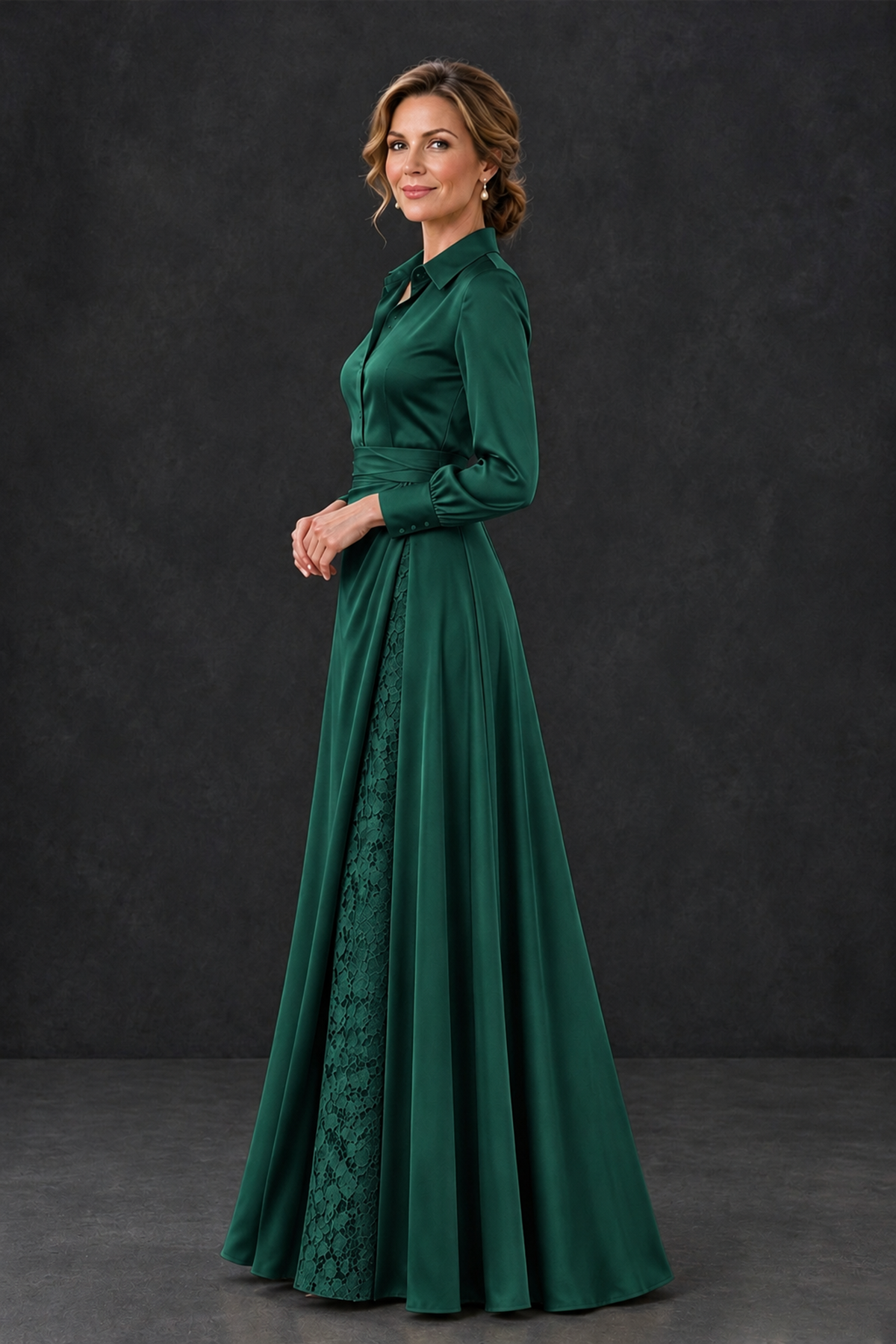 BOLODOO Emerald Green Long Sleeve Satin-Look Lace Panel Gown - Emerald Green - Emerald Green_3