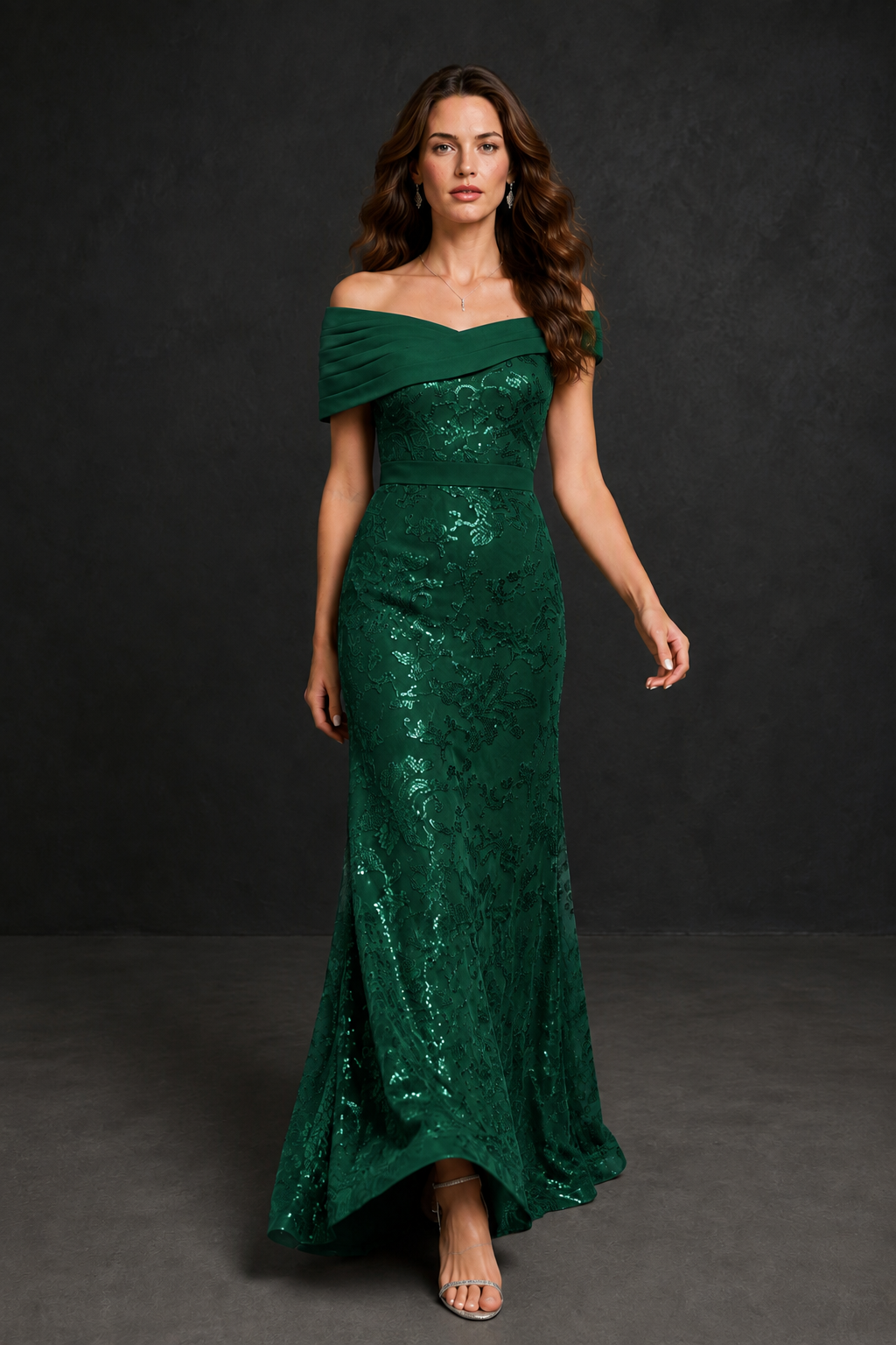 BOLODOO Emerald Green Off-Shoulder Sequin Lace Mermaid Evening Gown | Mother of the Bride Formal Dress - Emerald Green