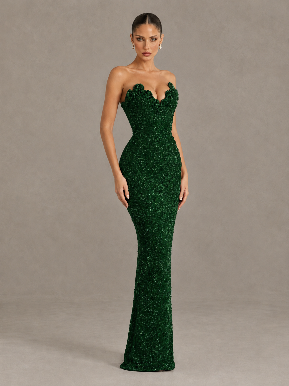 BOLODOO Emerald Green Strapless Sequin Evening Gown with Floral Neckline - Emerald Green - Emerald Green_3