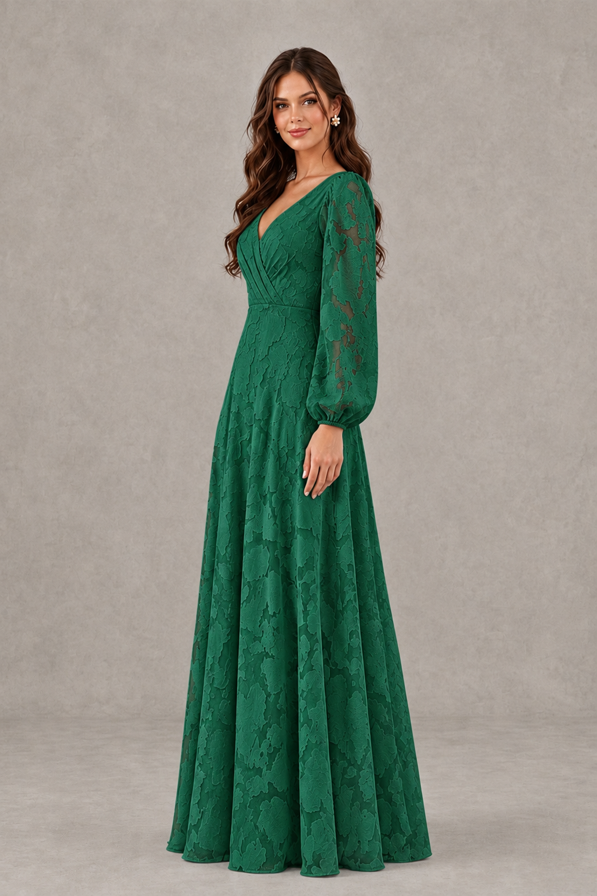 BOLODOO Emerald Green Long Sleeve V-Neck A-Line Mother of the Bride Dress - Emerald Green - Emerald Green_3