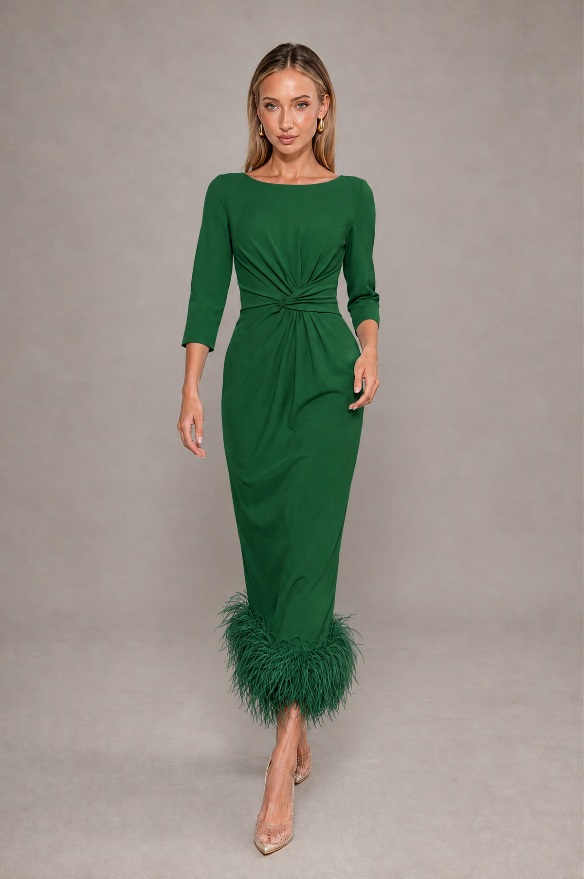 BOLODOO Emerald Green Feather-Trim Twist-Waist Midi Dress - Emerald Green - Emerald_Green_3
