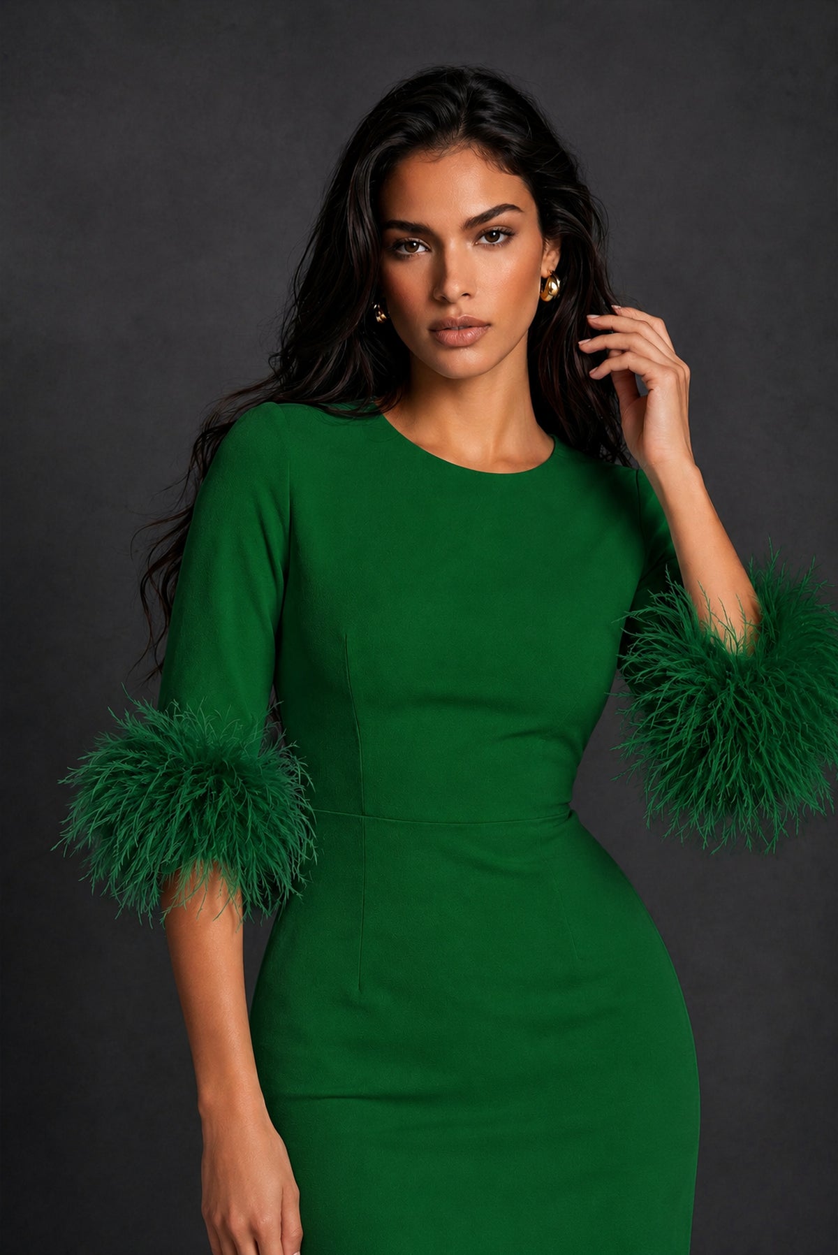 BOLODOO Emerald Green Ostrich Feather Cuff 3/4 Sleeve Round Neck Bodycon Midi Dress with Back Slit - Emerald Green