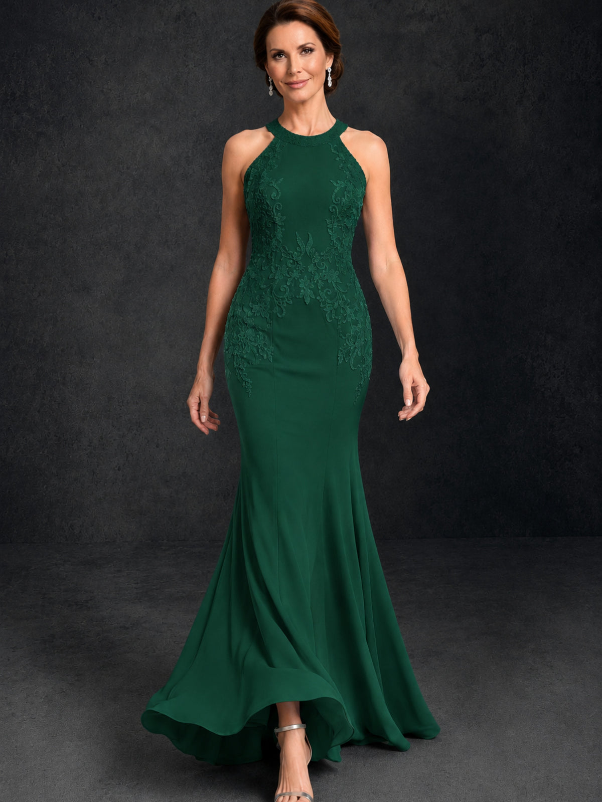 BOLODOO Emerald Green Lace Applique Halter Neck Sheer Back Mermaid Maxi Dress with Sweep Train - Emerald Green