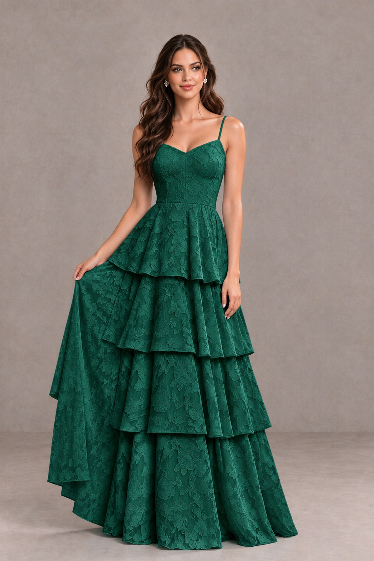 BOLODOO Emerald Green Tiered Floral-Textured Spaghetti Strap Maxi Dress - Emerald Green - Emerald Green_3