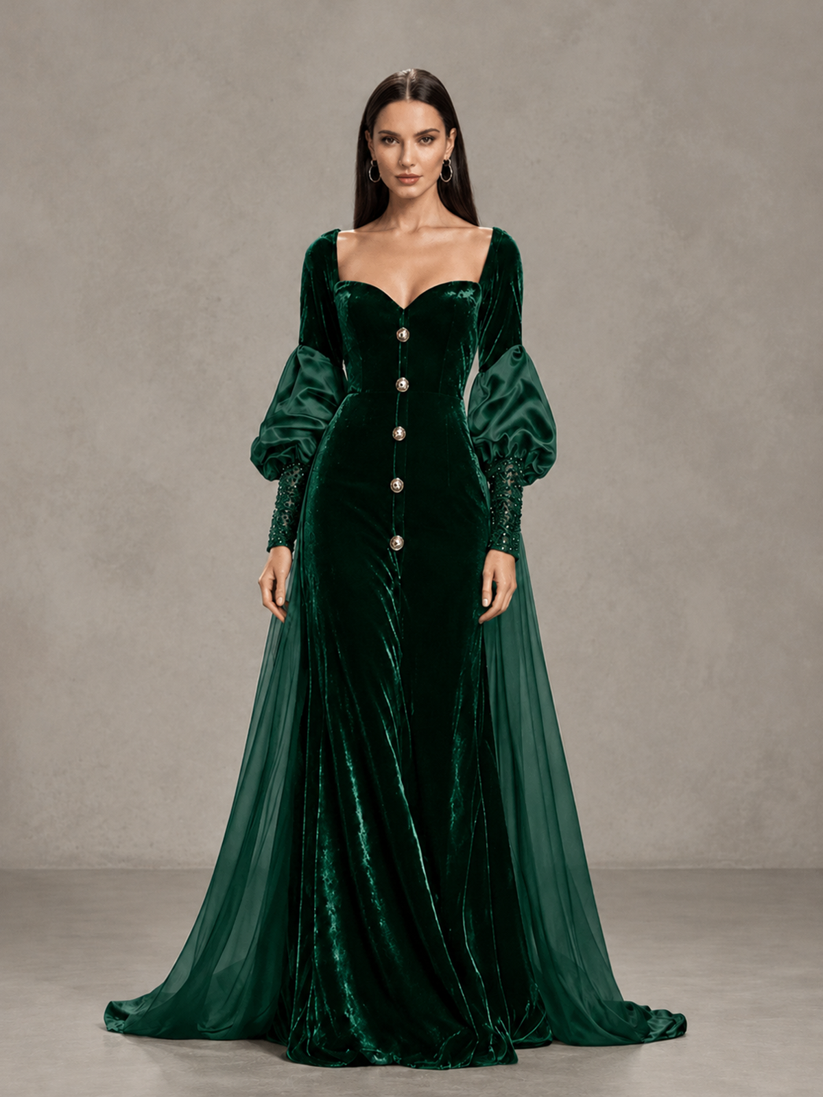 BOLODOO Emerald Green Velvet Long Sleeve Open-Back Evening Gown - Emerald Green - Emerald Green_3