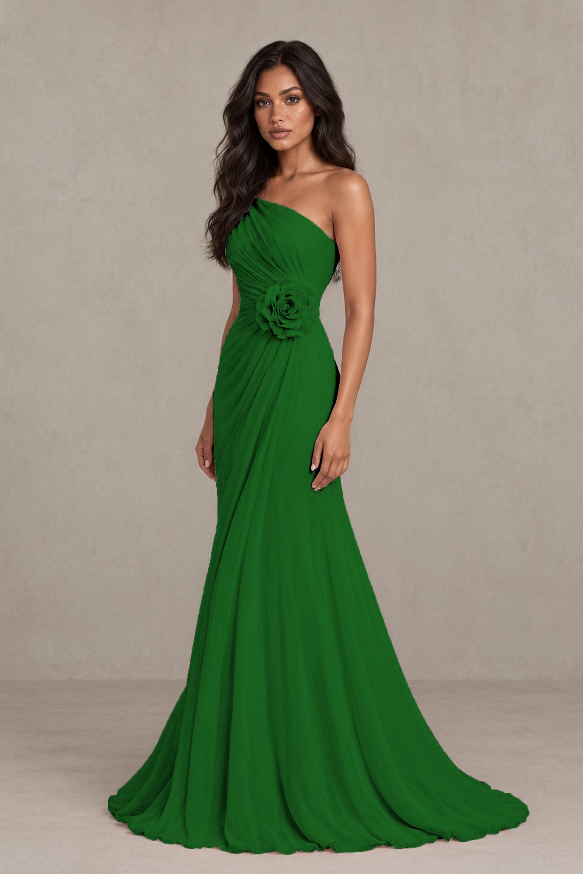 BOLODOO Emerald Green One-Shoulder Floral Ruched Maxi Dress - Emerald Green