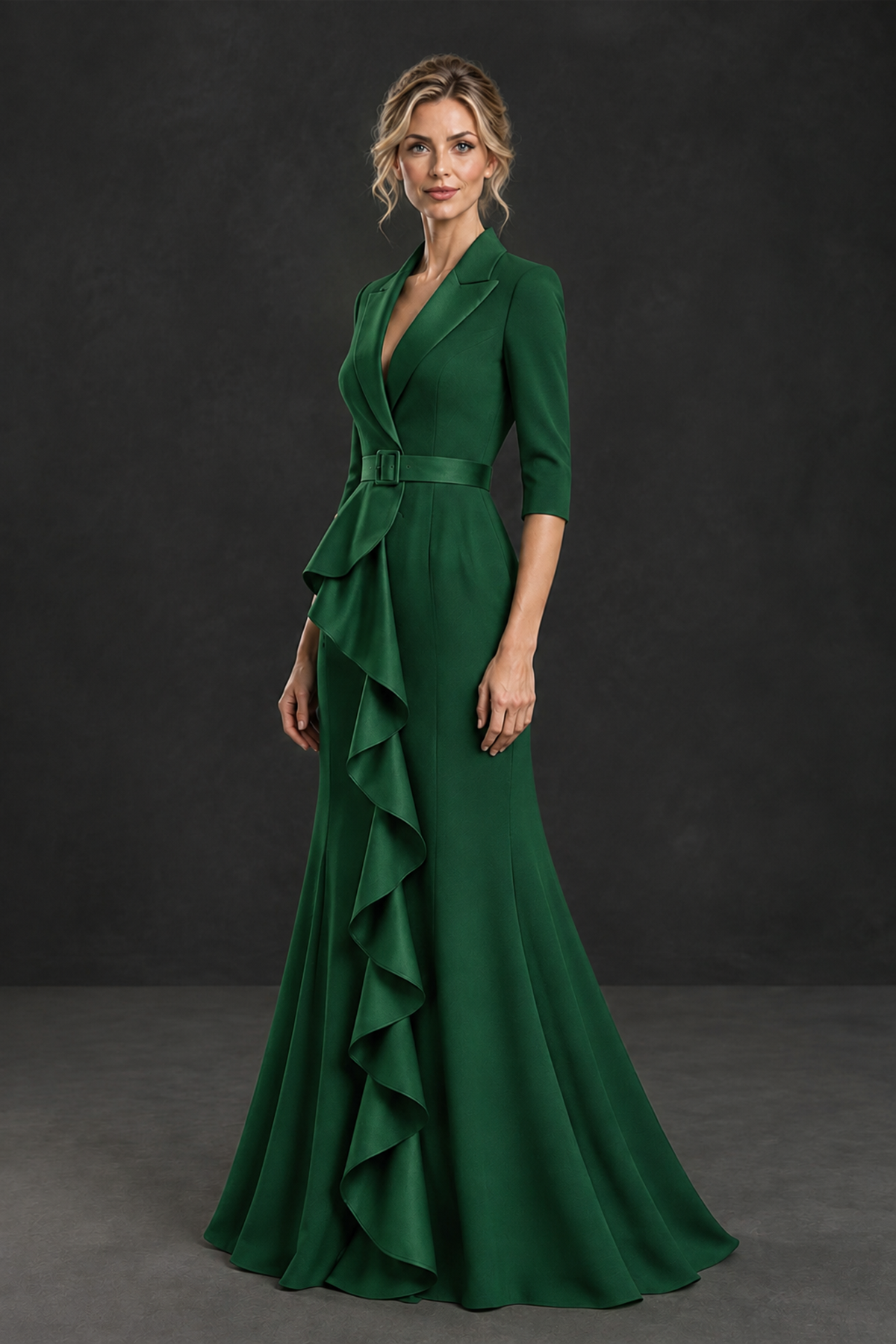BOLODOO Emerald Green Lapel Ruffle Mother of the Bride Dress with Belt - Emerald Green - Emerald Green_3