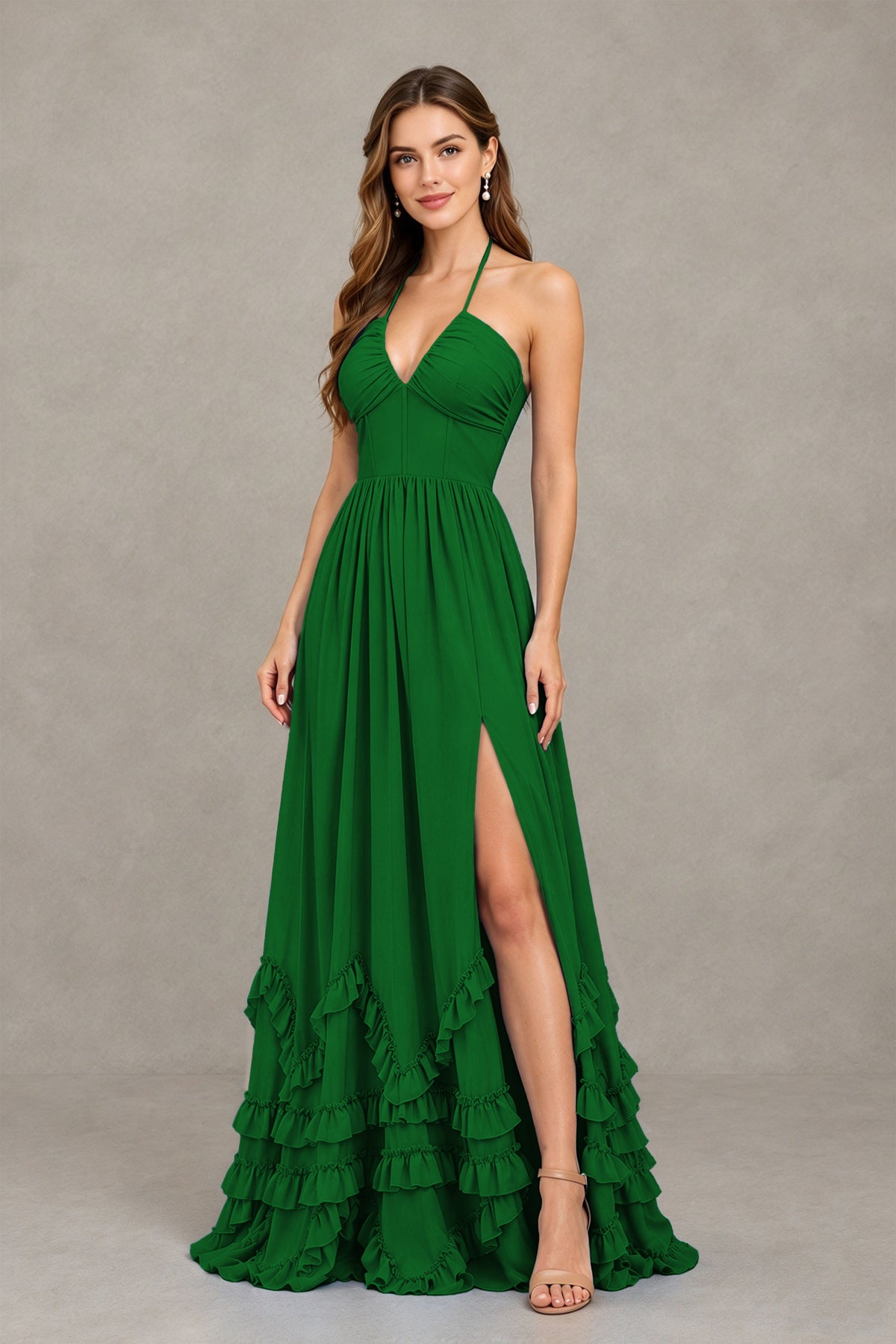 BOLODOO Emerald Green Halter Ruffle Hem A-Line Bridesmaid Dress with High Slit - Emerald Green - Emerald Green(3)