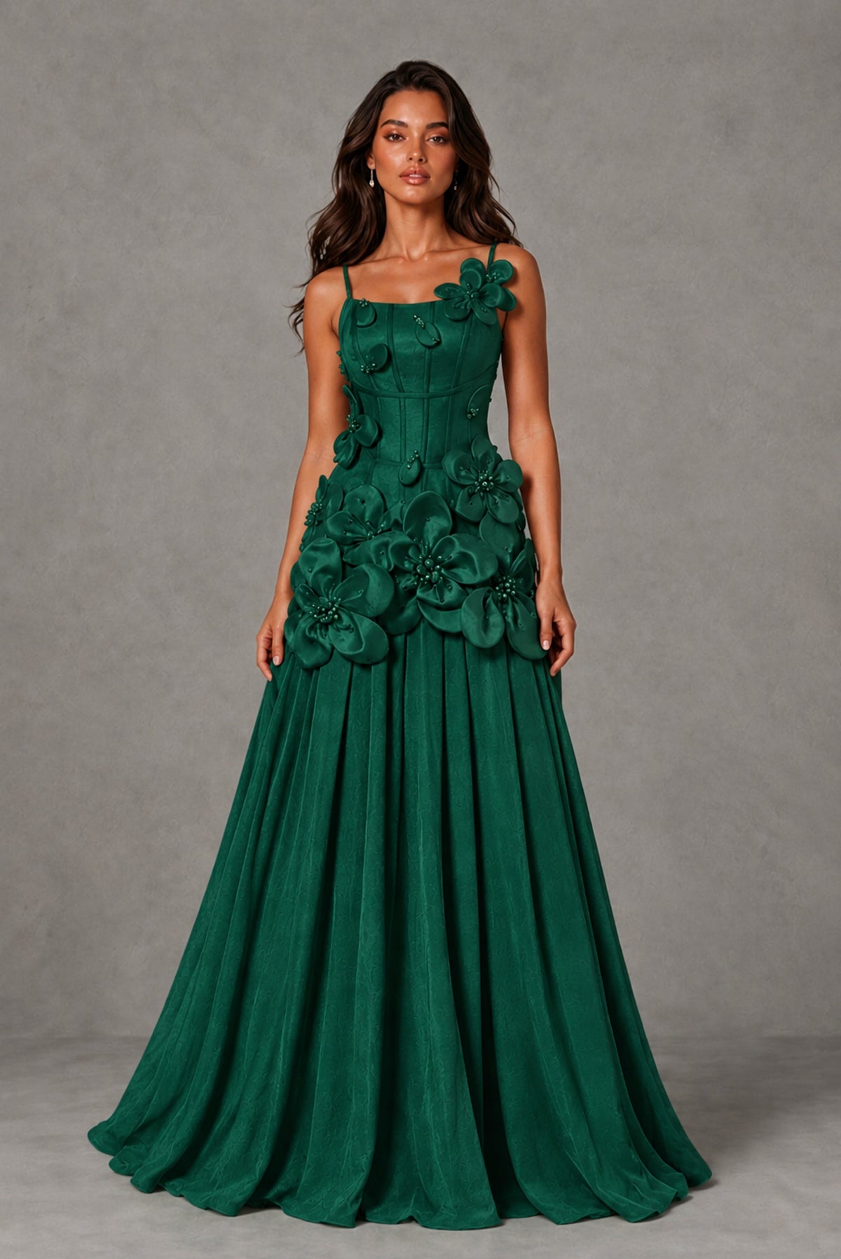 BOLODOO Emerald Green 3D Floral Appliqué Floor-Length A-Line Evening Gown - Emerald Green