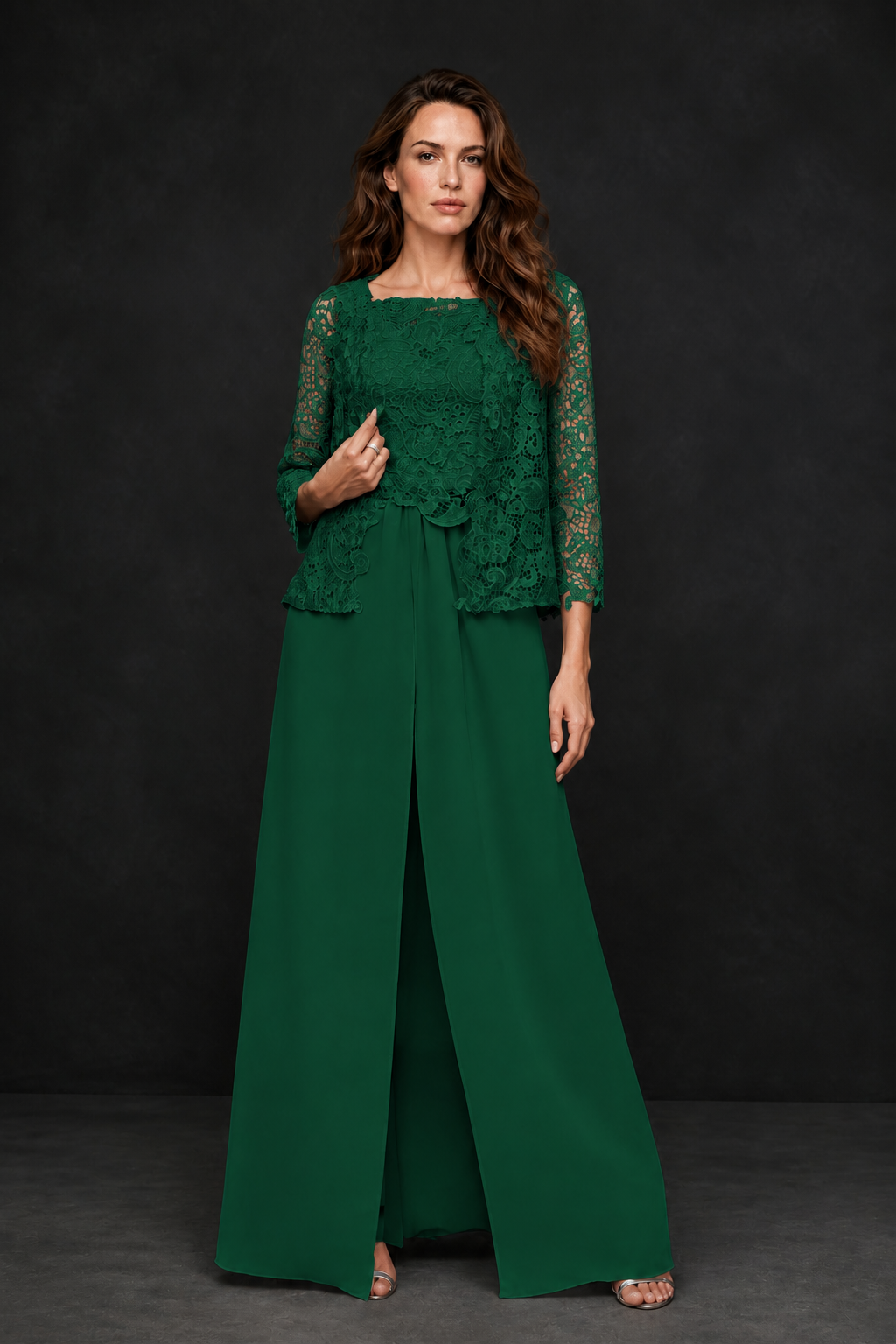 BOLODOO Emerald Green Grey Lace Peplum Top & Wide-Leg Chiffon Pants Set | Mother of the Bride & Formal Evening Outfit - Emerald Green