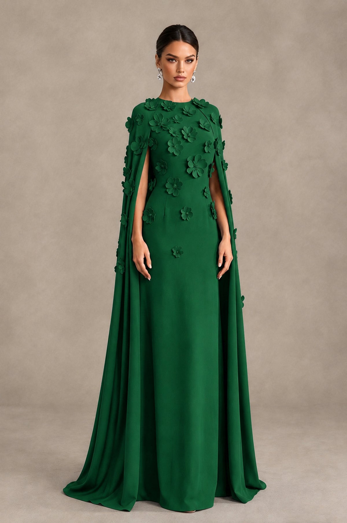 BOLODOO Emerald Green 3D Floral Applique Cape Formal Dress - Emerald Green - Emerald Green_3