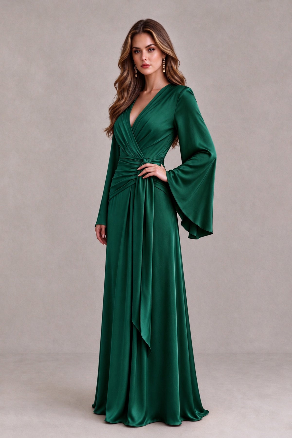 BOLODOO Emerald Green Yellow Satin-Look V-Neck Long Bell Sleeve Evening Dress - Emerald Green - Emerald_Green_3