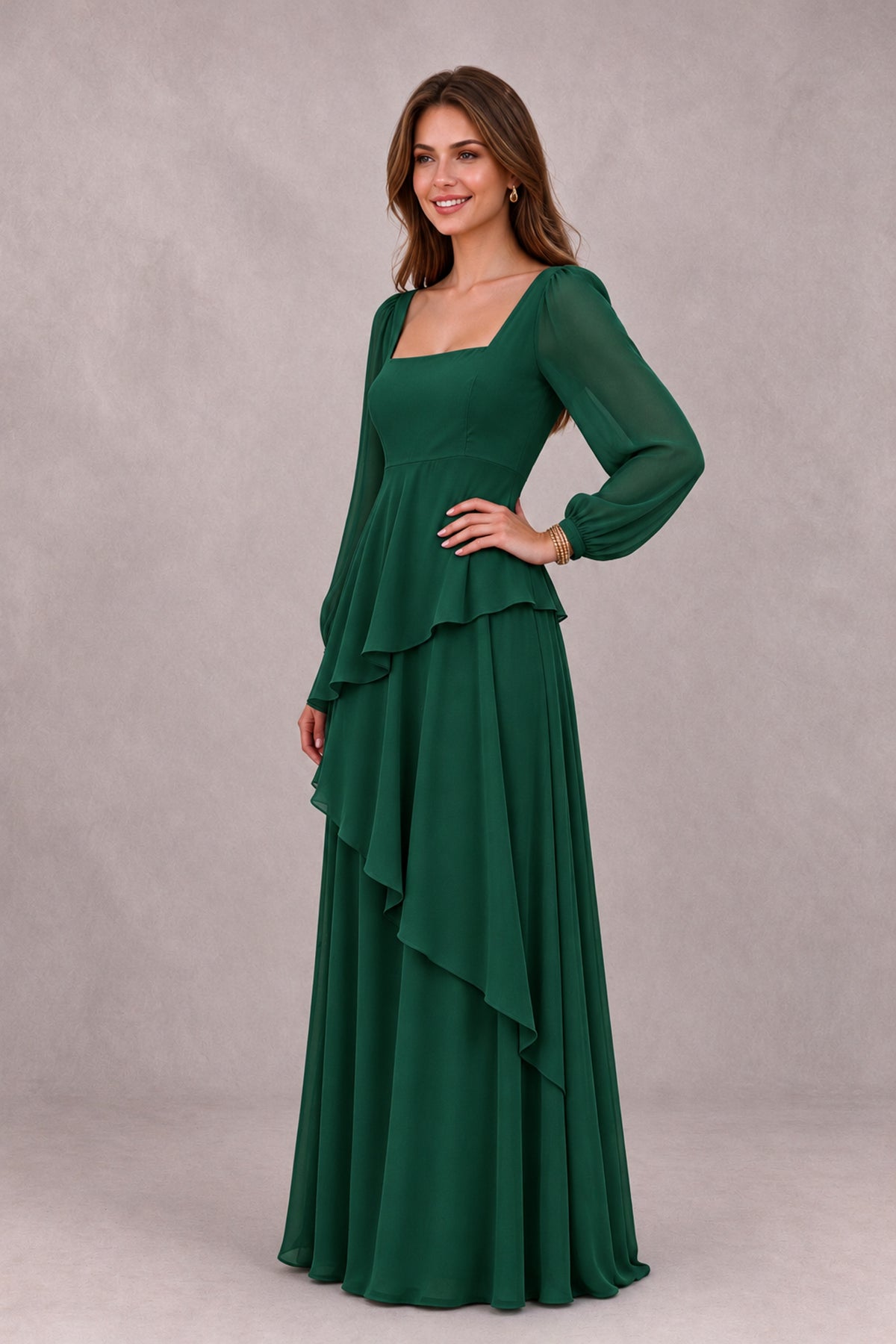 BOLODOO Emerald Green Long Sleeve Ruffle Bridesmaid Dresses - Emerald Green - Emerald Green_3