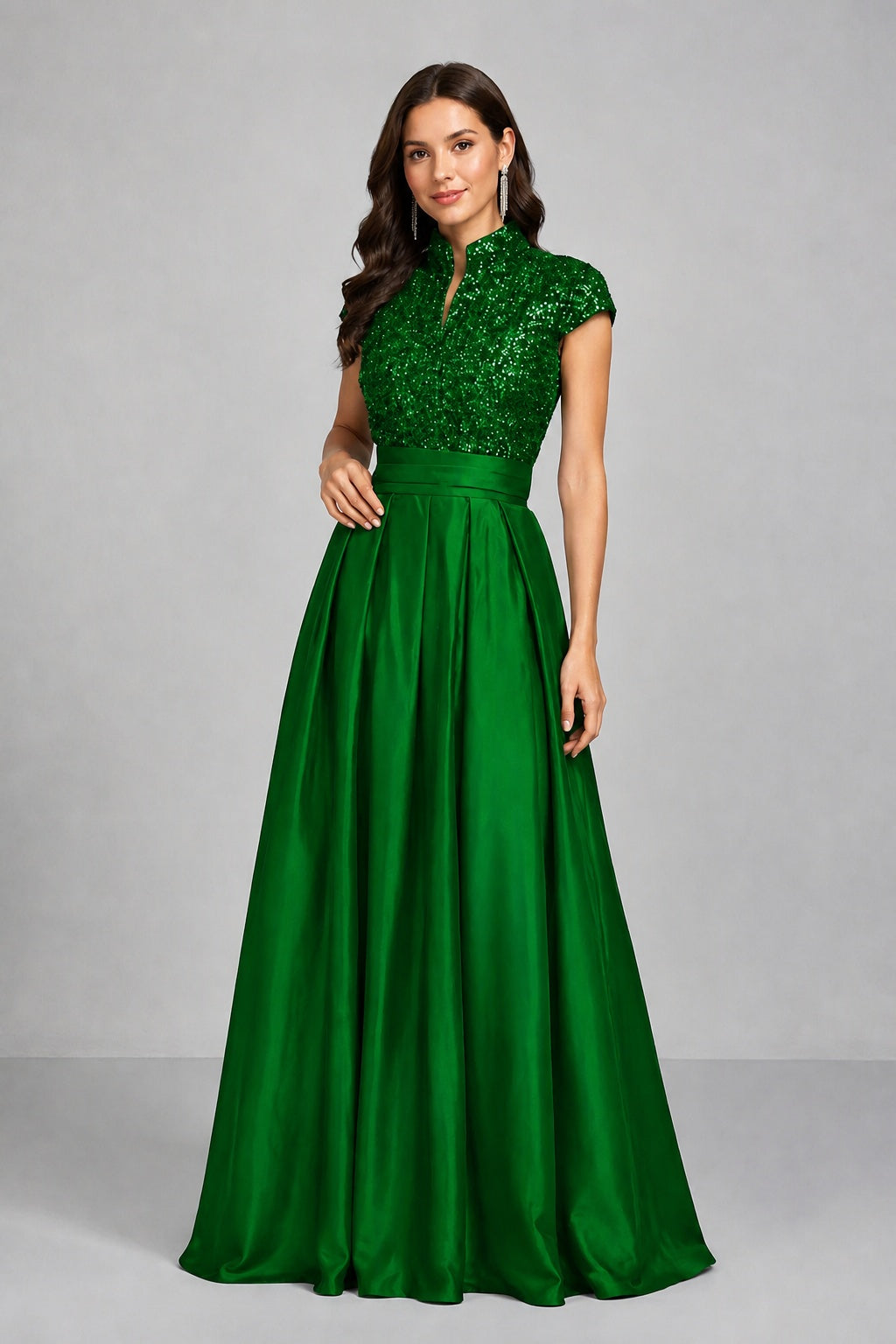 BOLODOO Emerald Green Sequin Embroidered High Neck Cap Sleeve A-Line Ball Gown – Formal Evening Dress - Emerald Green
