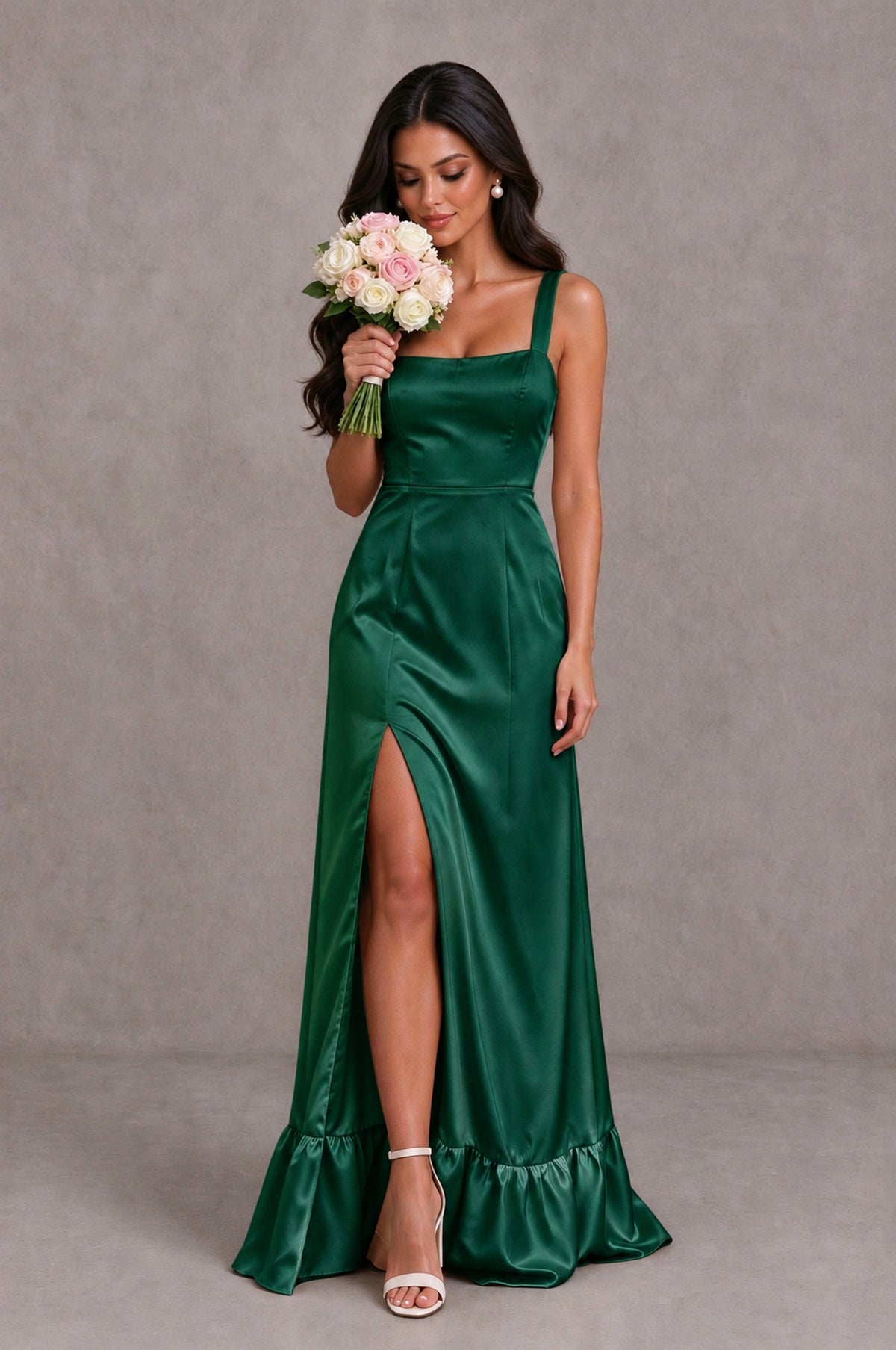 BOLODOO Emerald Green Square Neck Satin Evening Dress with Lace-Up Back and High Slit - Emerald Green - Emerald Green_3